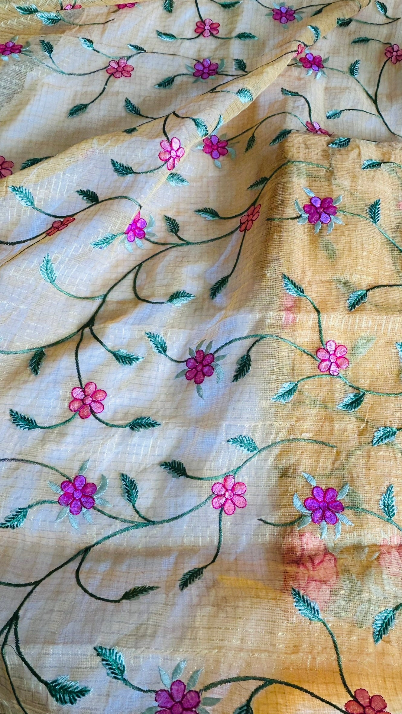 Kota Doria Embroidered Suit Set In Yellow (unstitched)