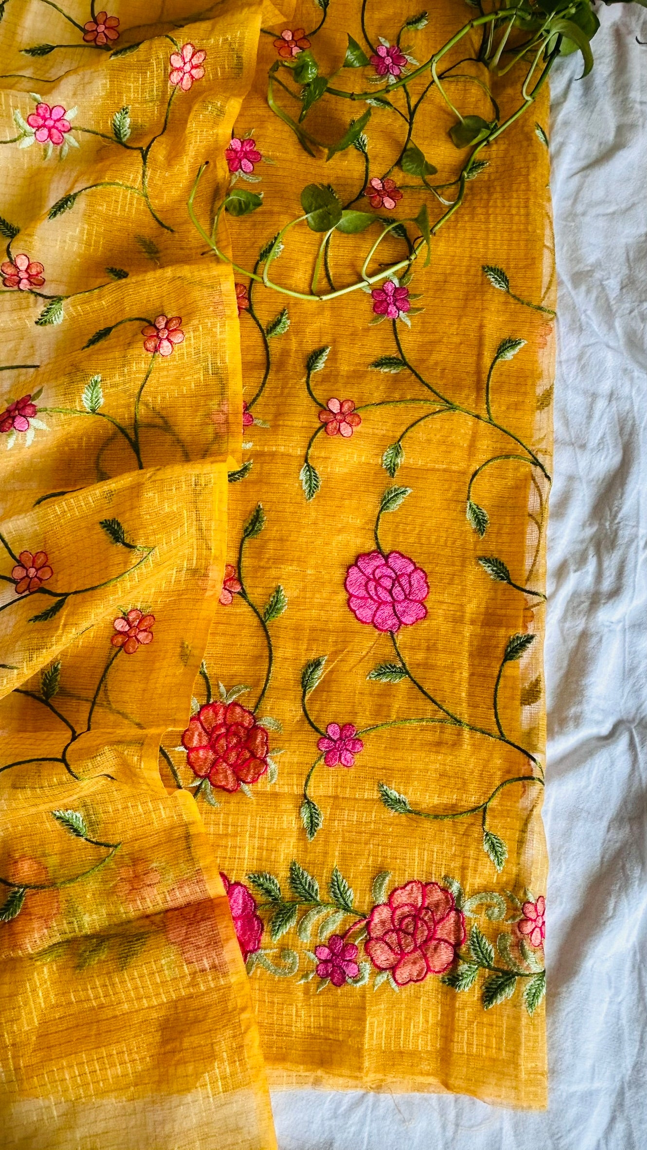 Kota Doria Embroidered Suit Set In Yellow (unstitched)