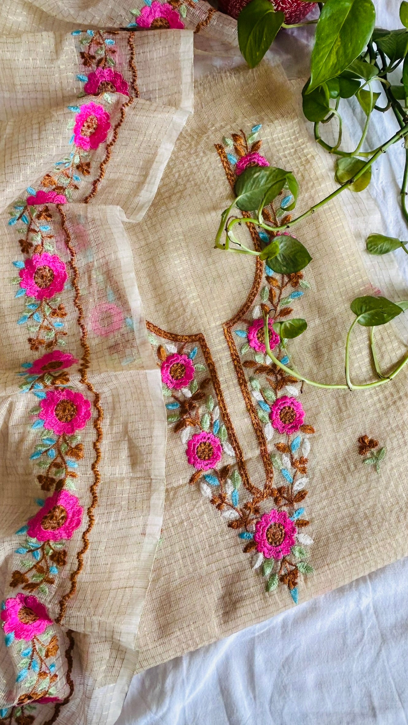 Kota Doria Embroidered Suit Set In Beige color (unstitched)