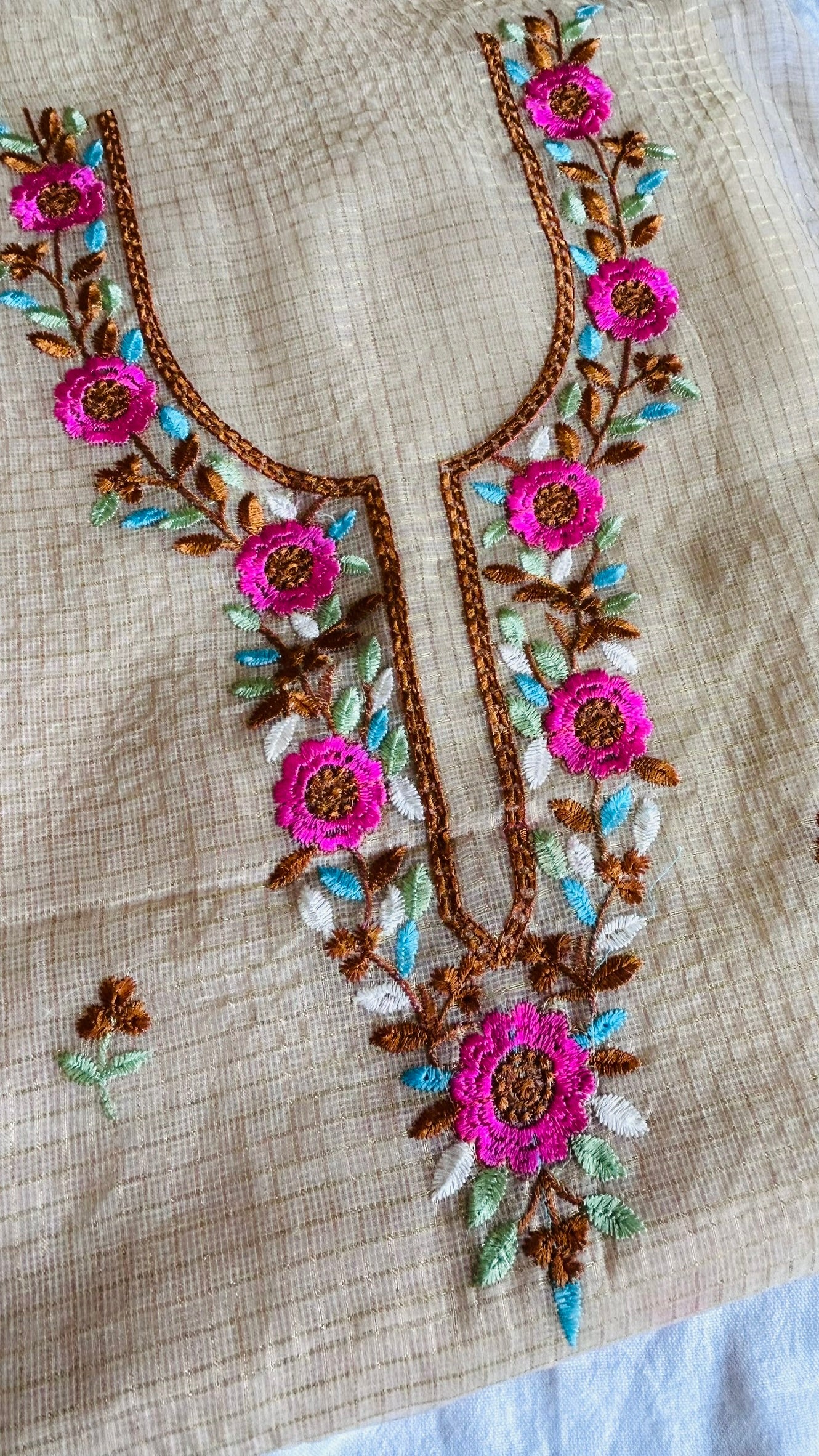 Kota Doria Embroidered Suit Set In Beige color (unstitched)