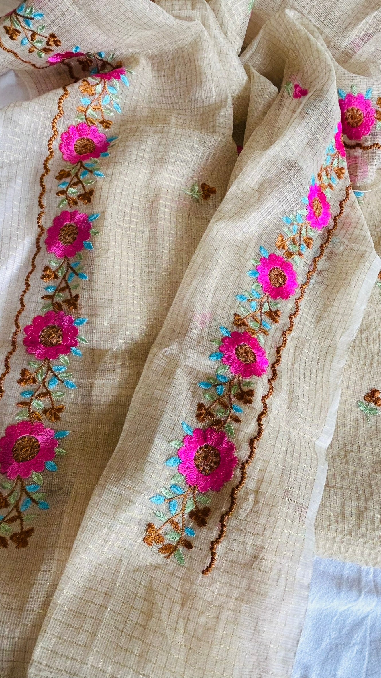 Kota Doria Embroidered Suit Set In Beige color (unstitched)