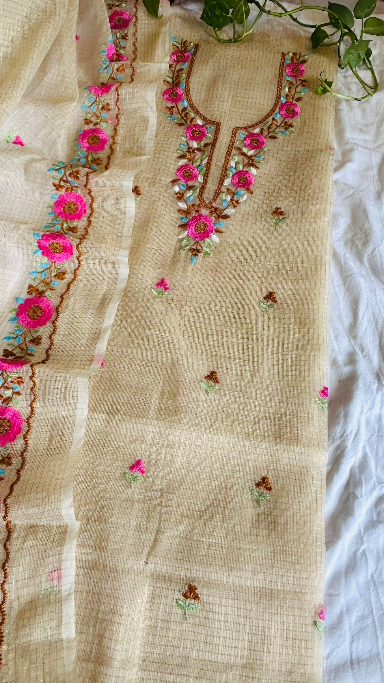 Kota Doria Embroidered Suit Set In Beige color (unstitched)