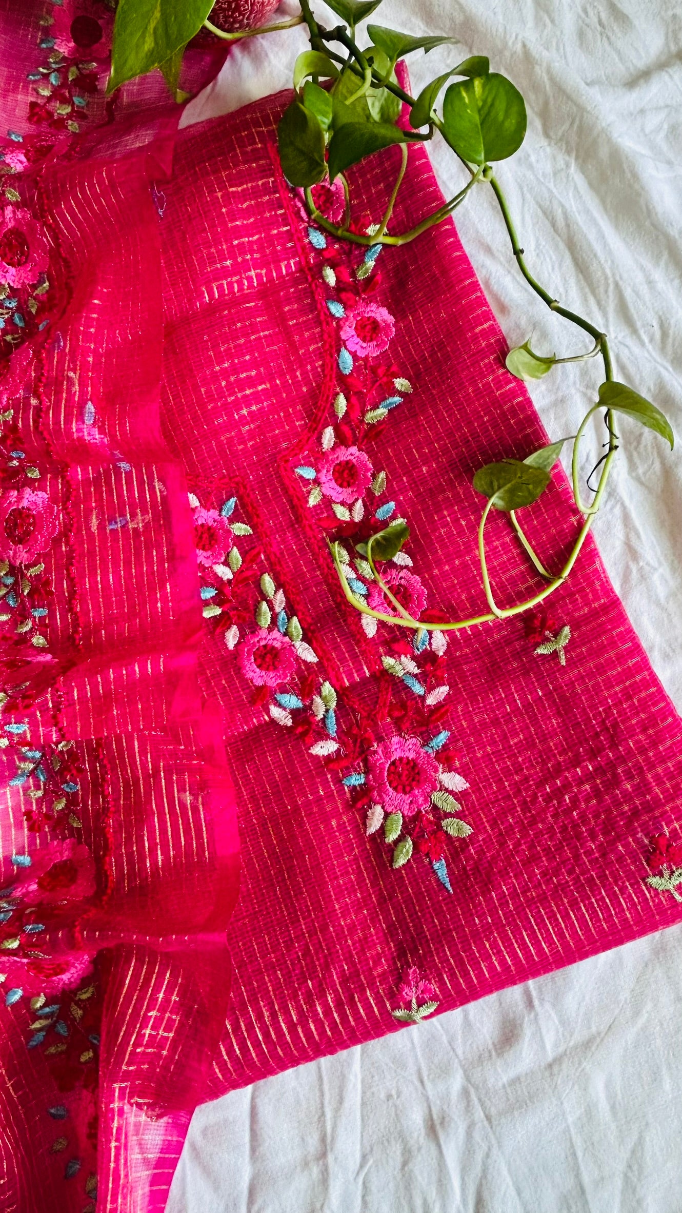 Kota Doria Embroidered Suit Set In Pink (unstitched)