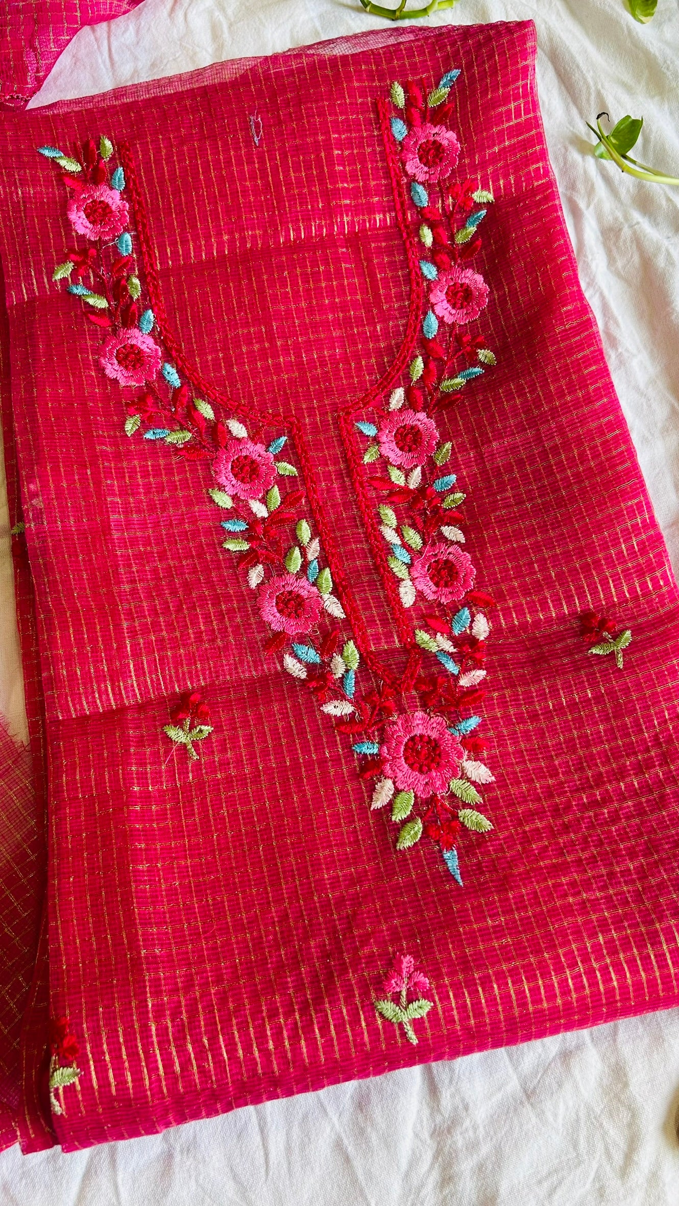 Kota Doria Embroidered Suit Set In Pink (unstitched)