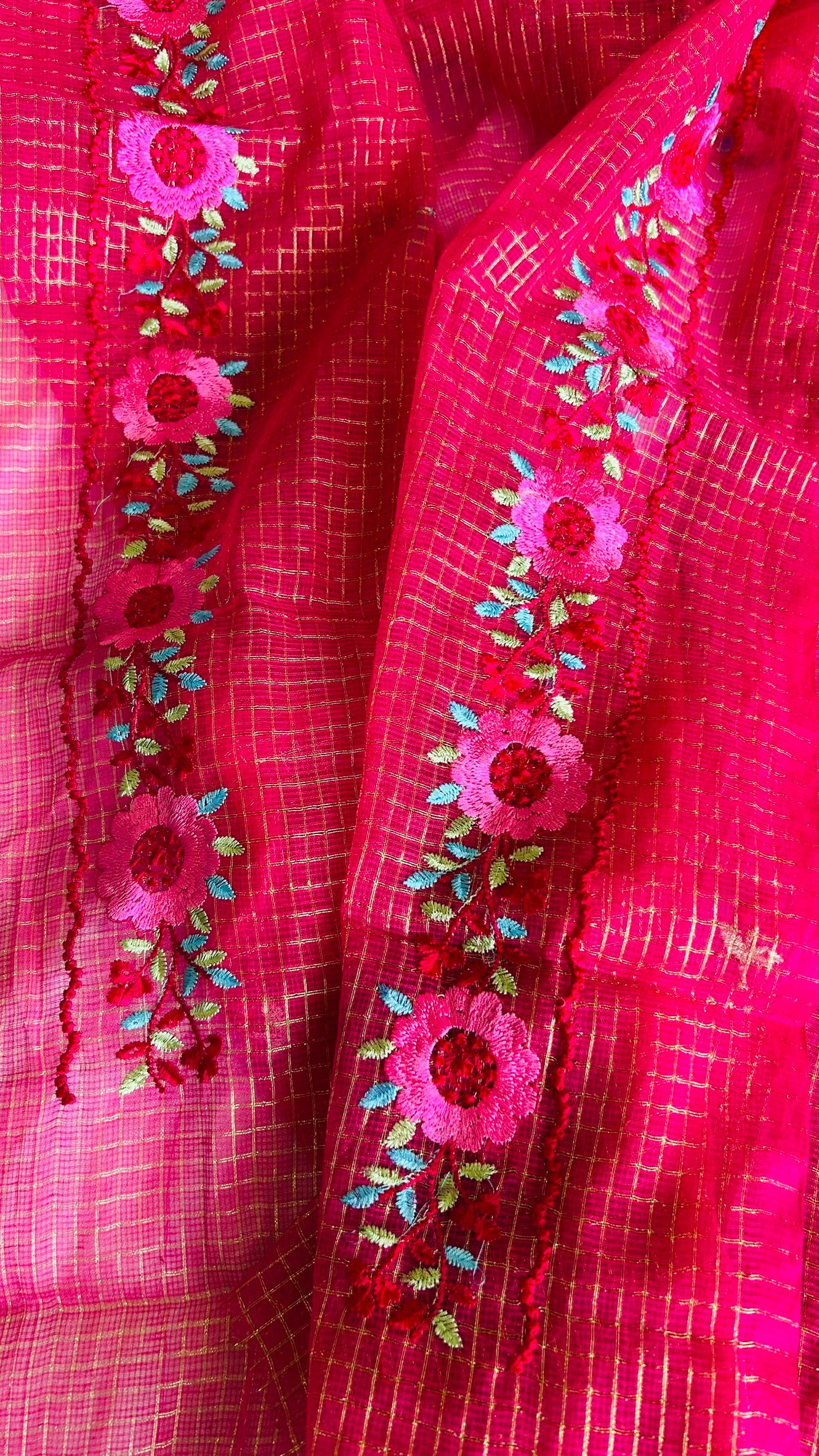 Kota Doria Embroidered Suit Set In Pink (unstitched)