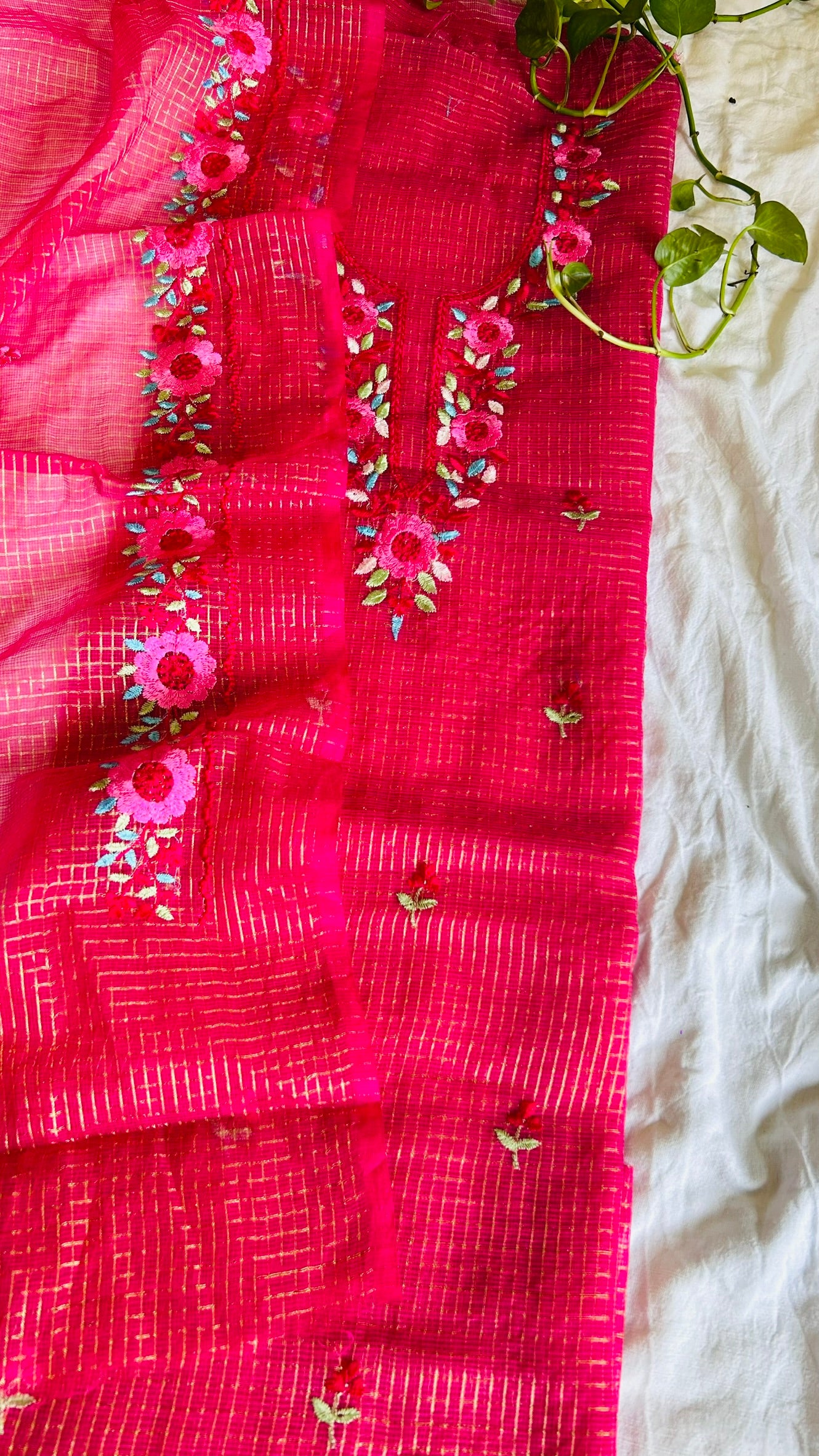 Kota Doria Embroidered Suit Set In Pink (unstitched)