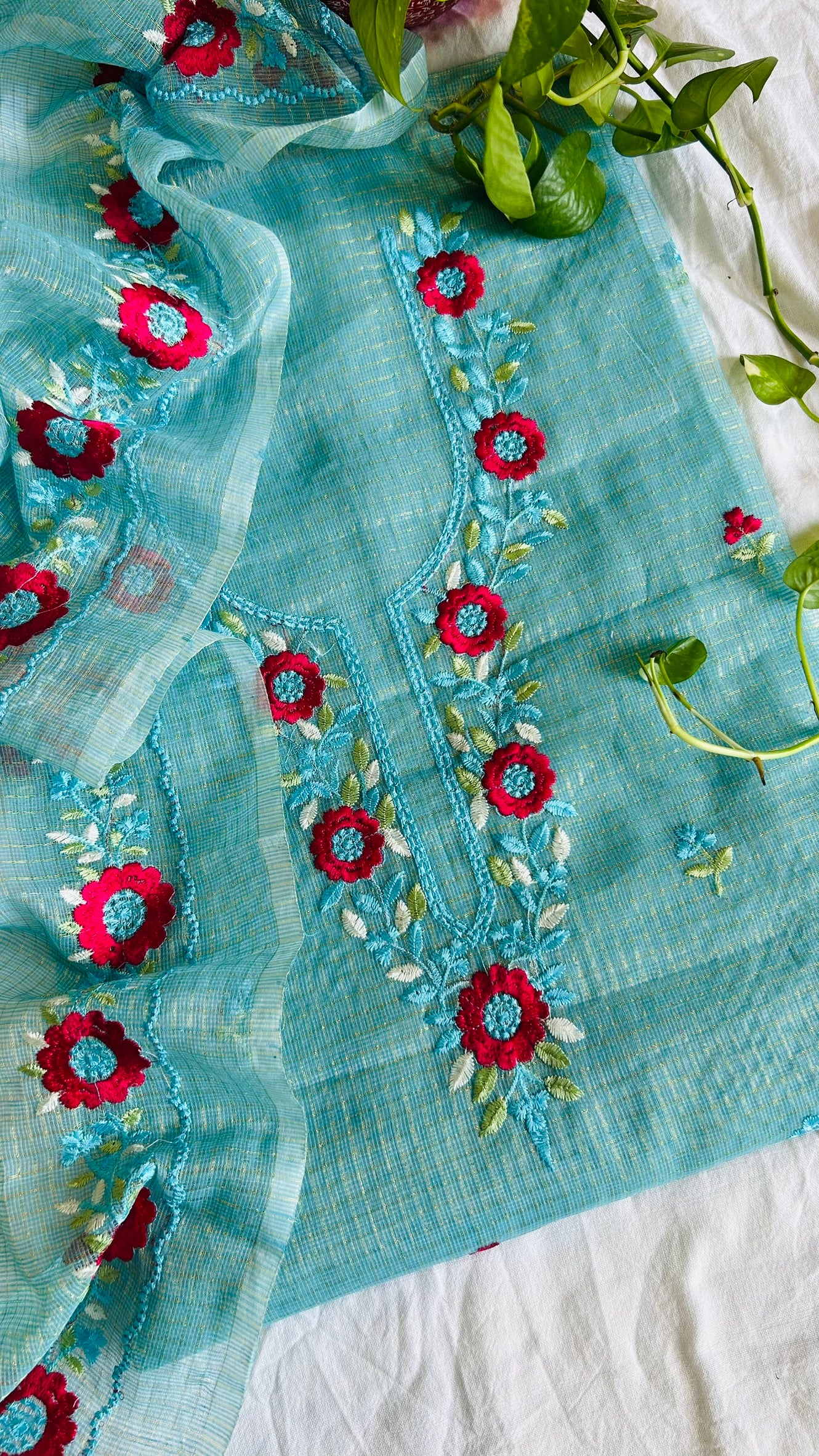 Kota Doria Embroidered Suit Set In Sea Green (unstitched)