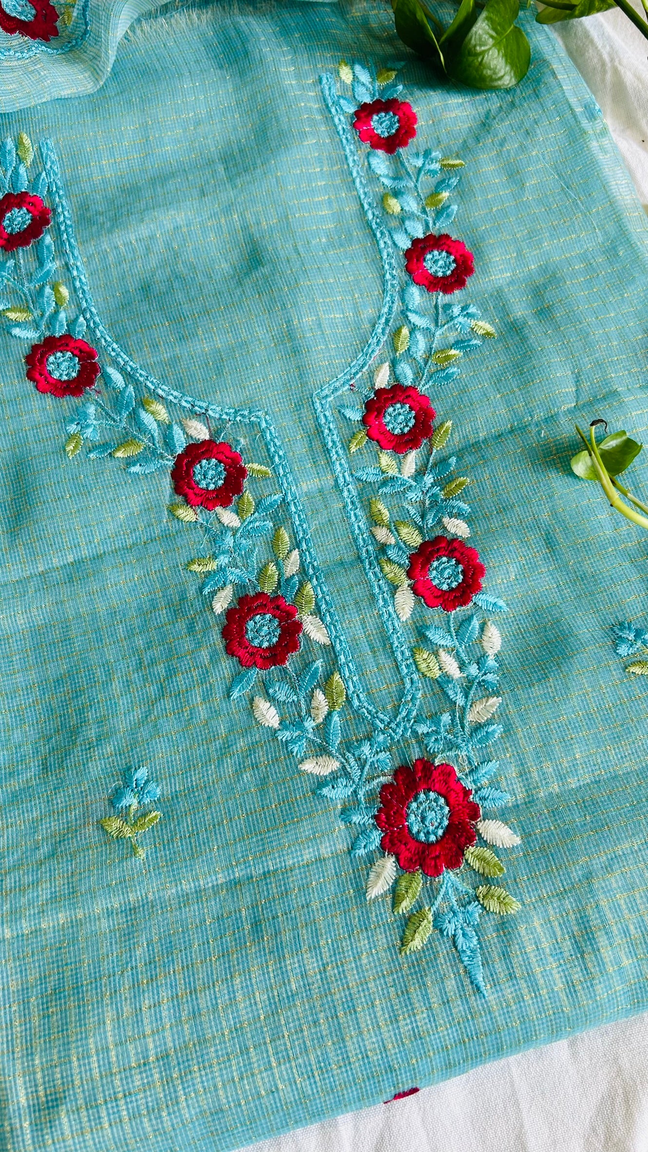 Kota Doria Embroidered Suit Set In Sea Green (unstitched)