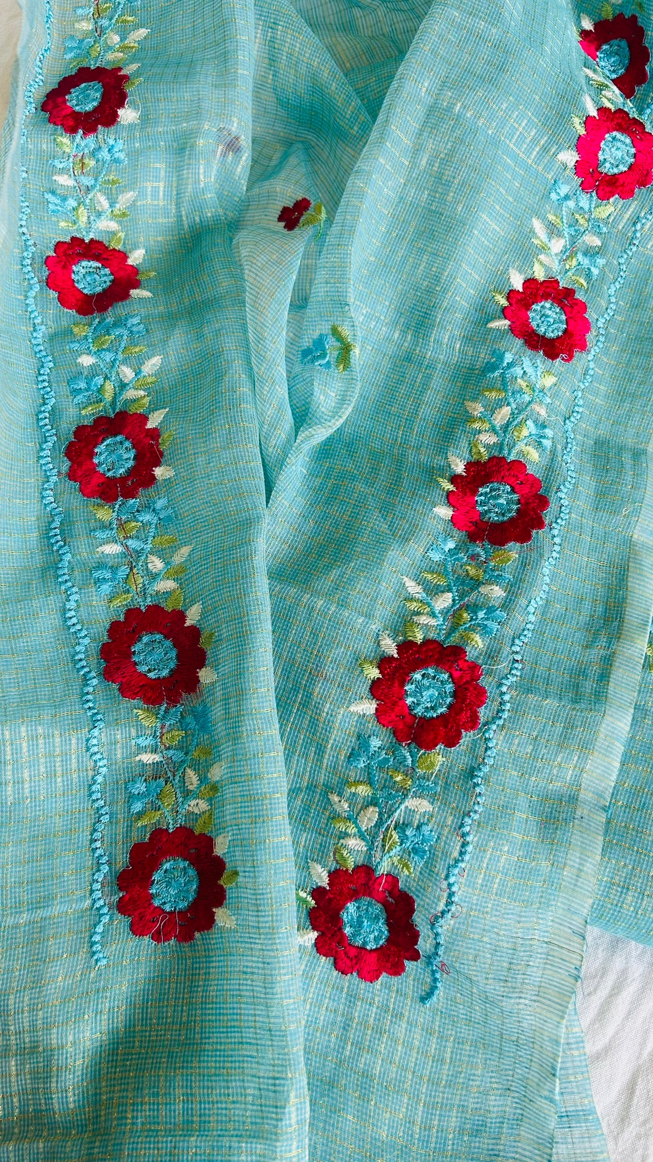 Kota Doria Embroidered Suit Set In Sea Green (unstitched)