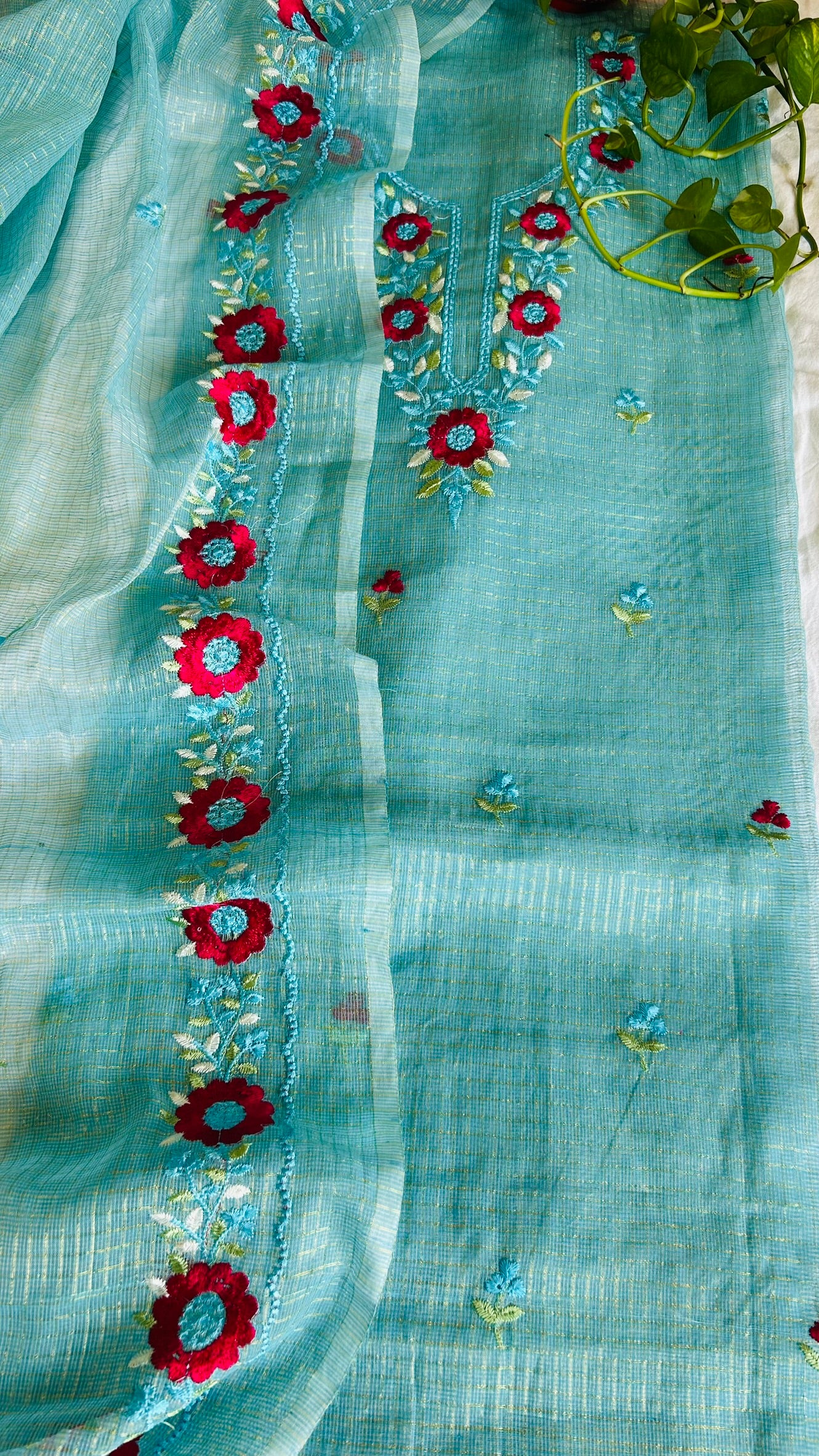Kota Doria Embroidered Suit Set In Sea Green (unstitched)