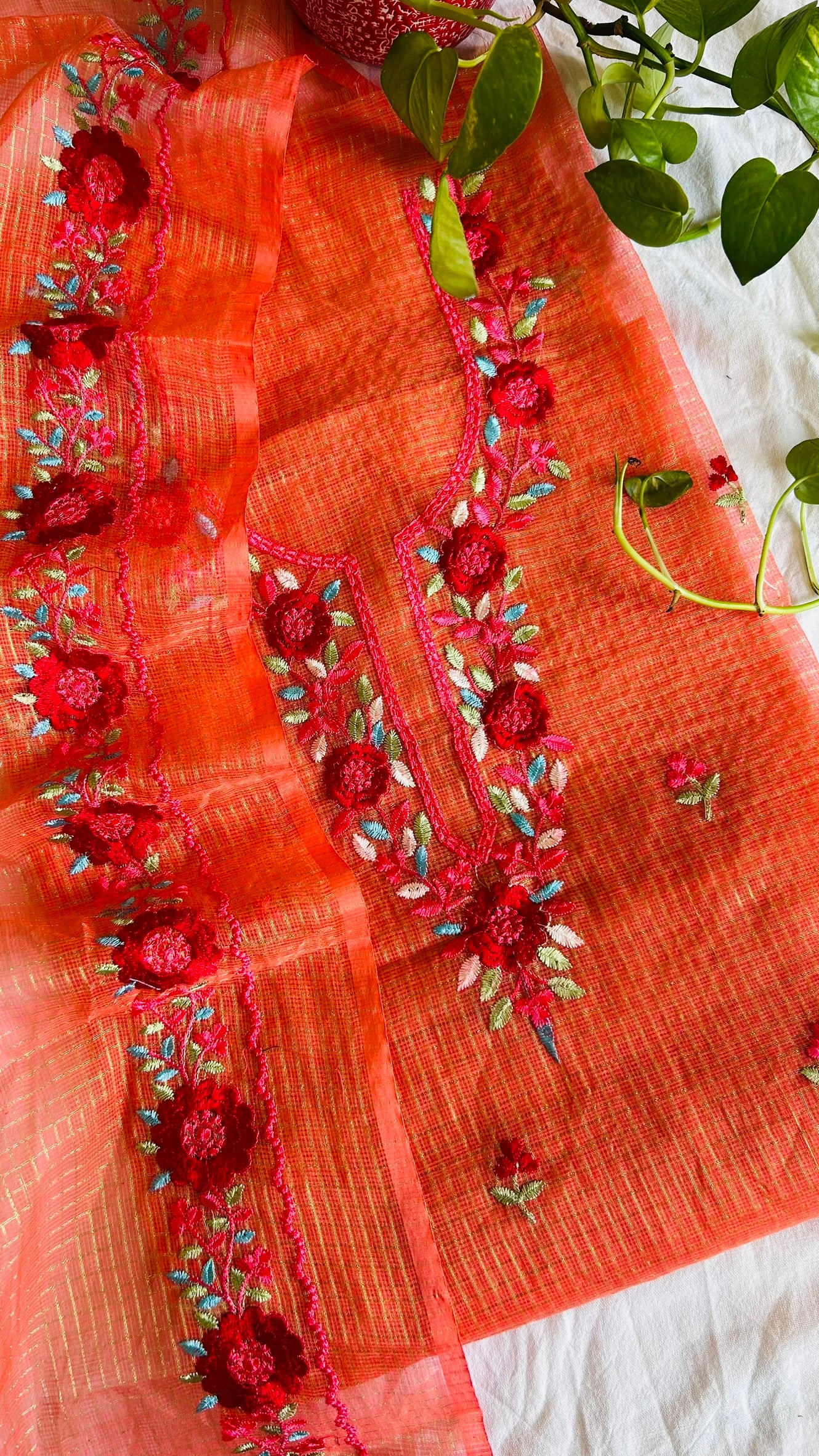 Kota Doria Embroidered Suit Set In Peach (unstitched)