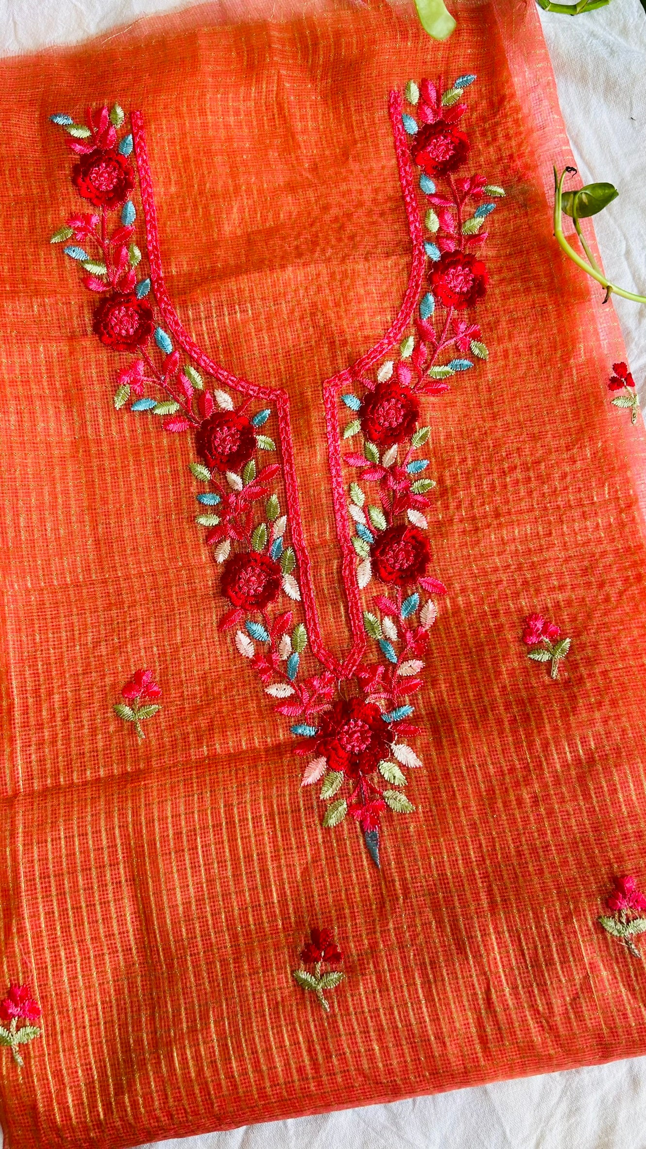 Kota Doria Embroidered Suit Set In Peach (unstitched)