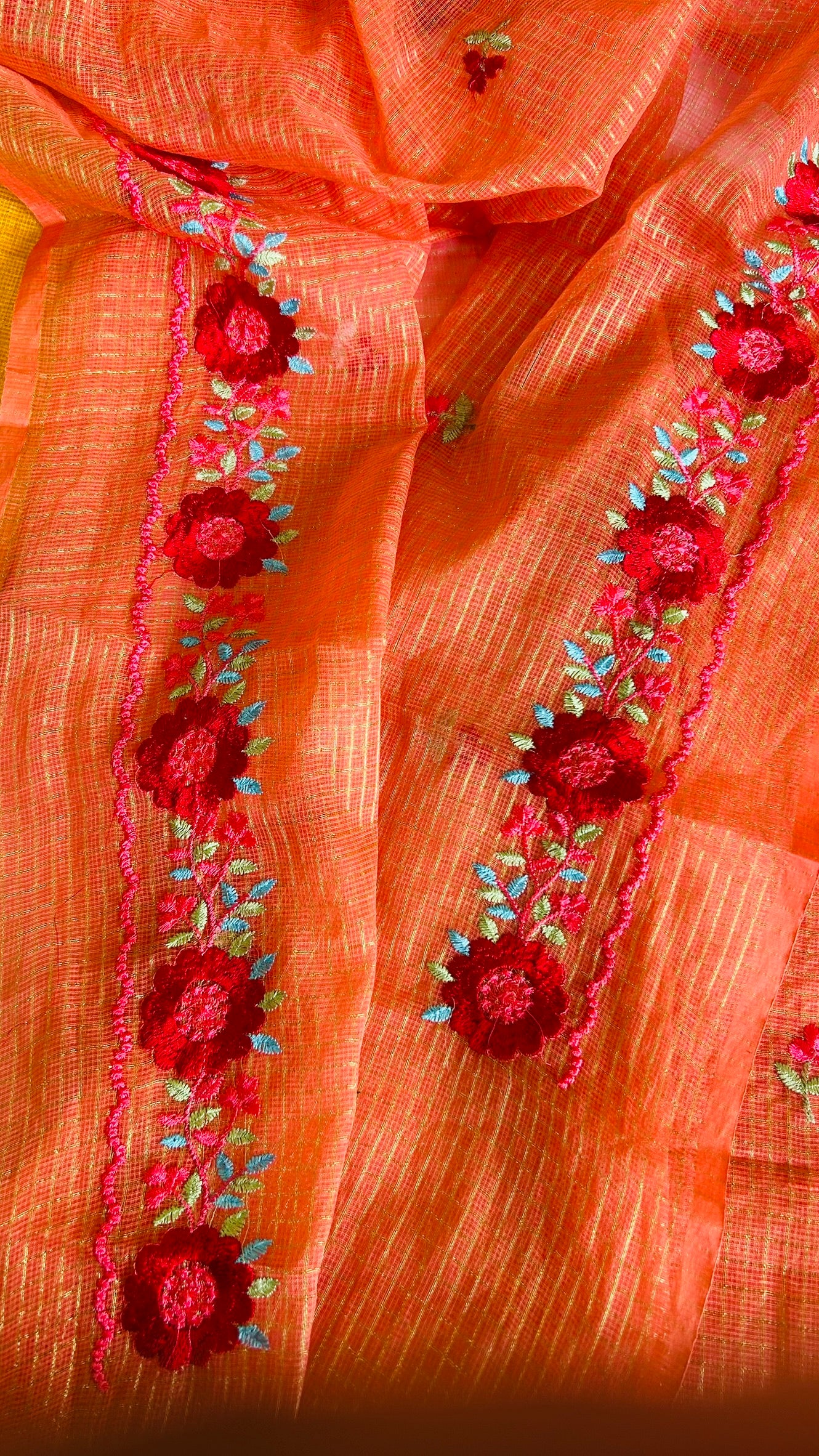 Kota Doria Embroidered Suit Set In Peach (unstitched)