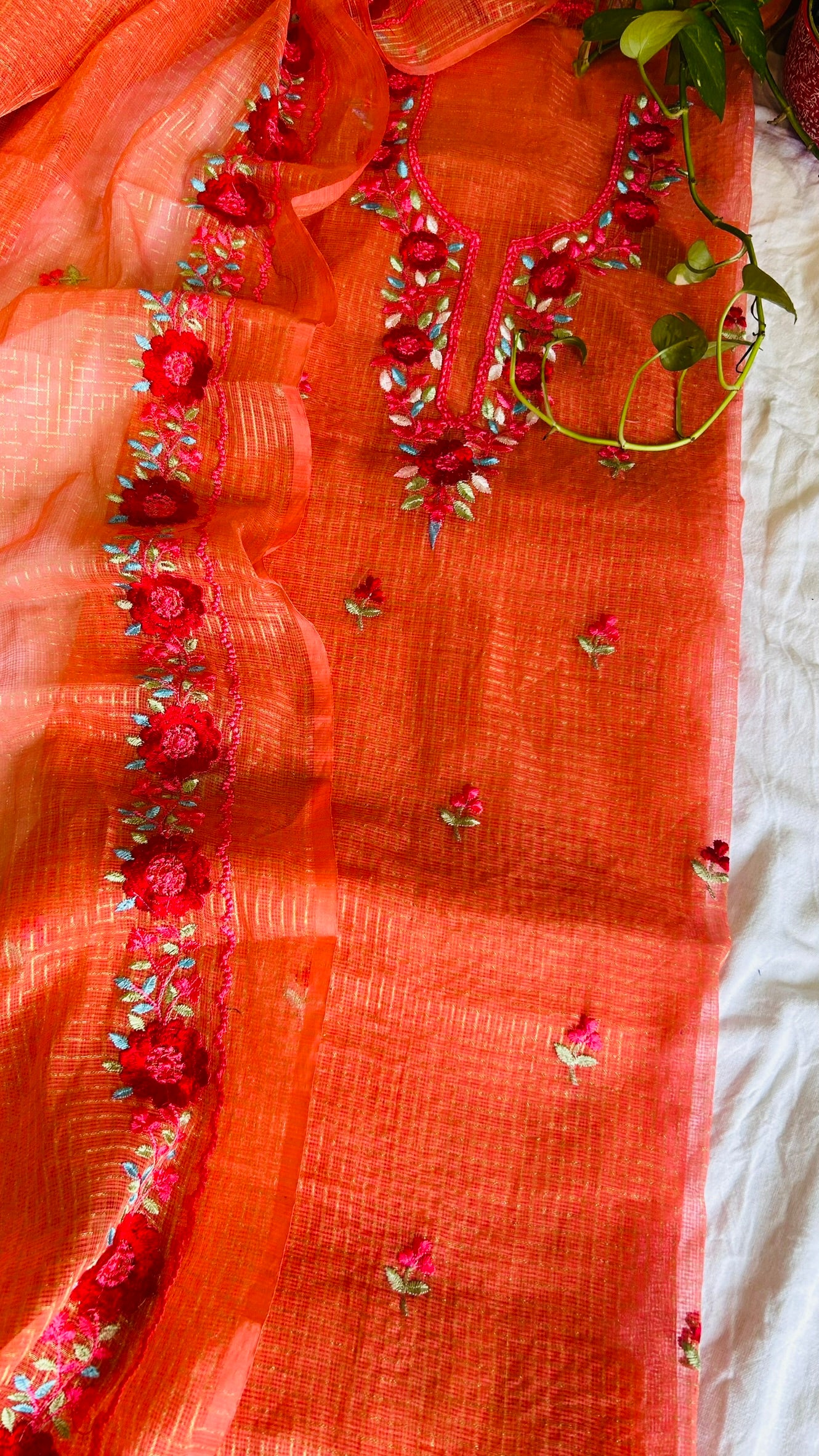 Kota Doria Embroidered Suit Set In Peach (unstitched)