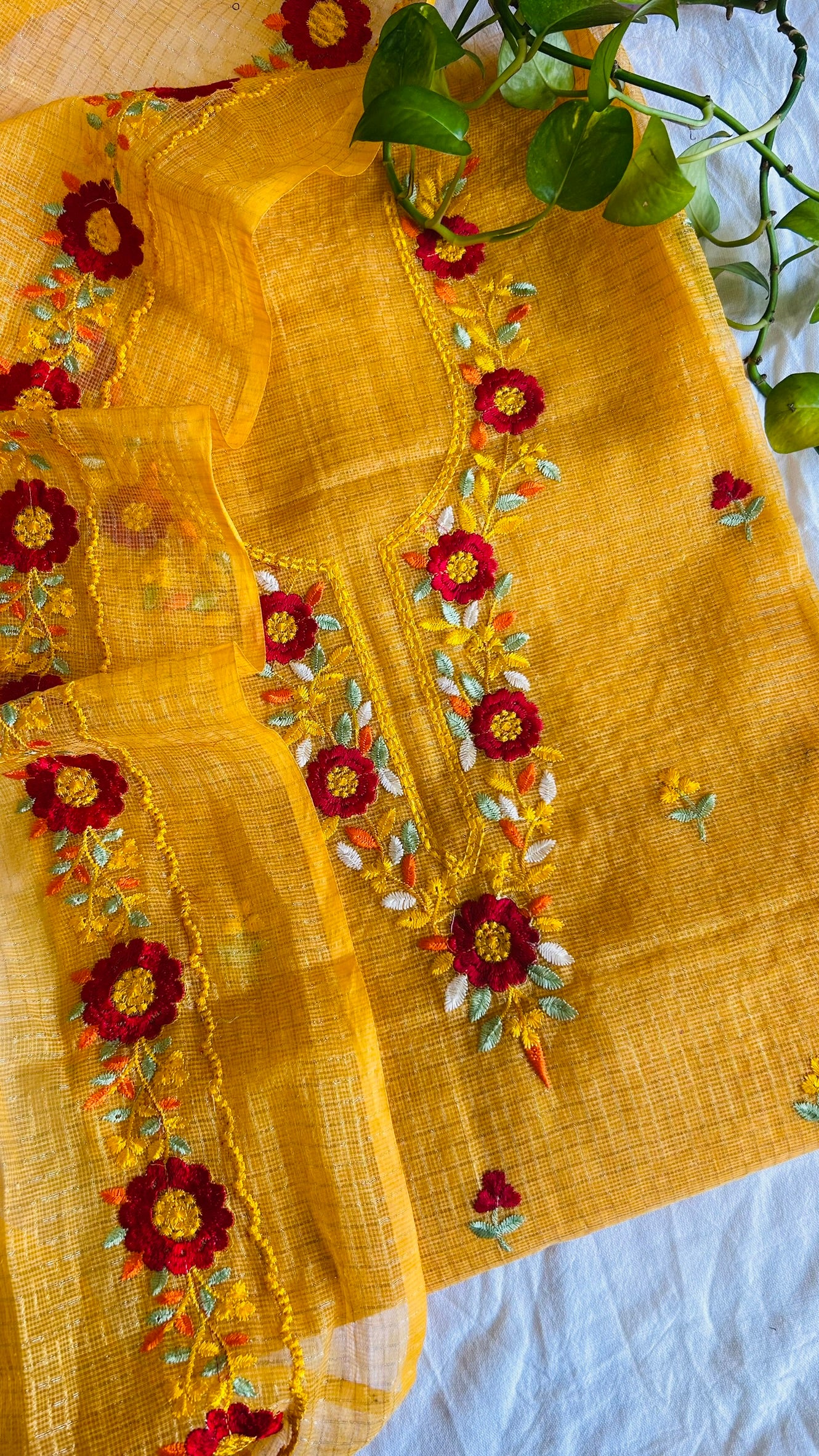 Kota Doria Embroidered Suit Set In yellow (unstitched)