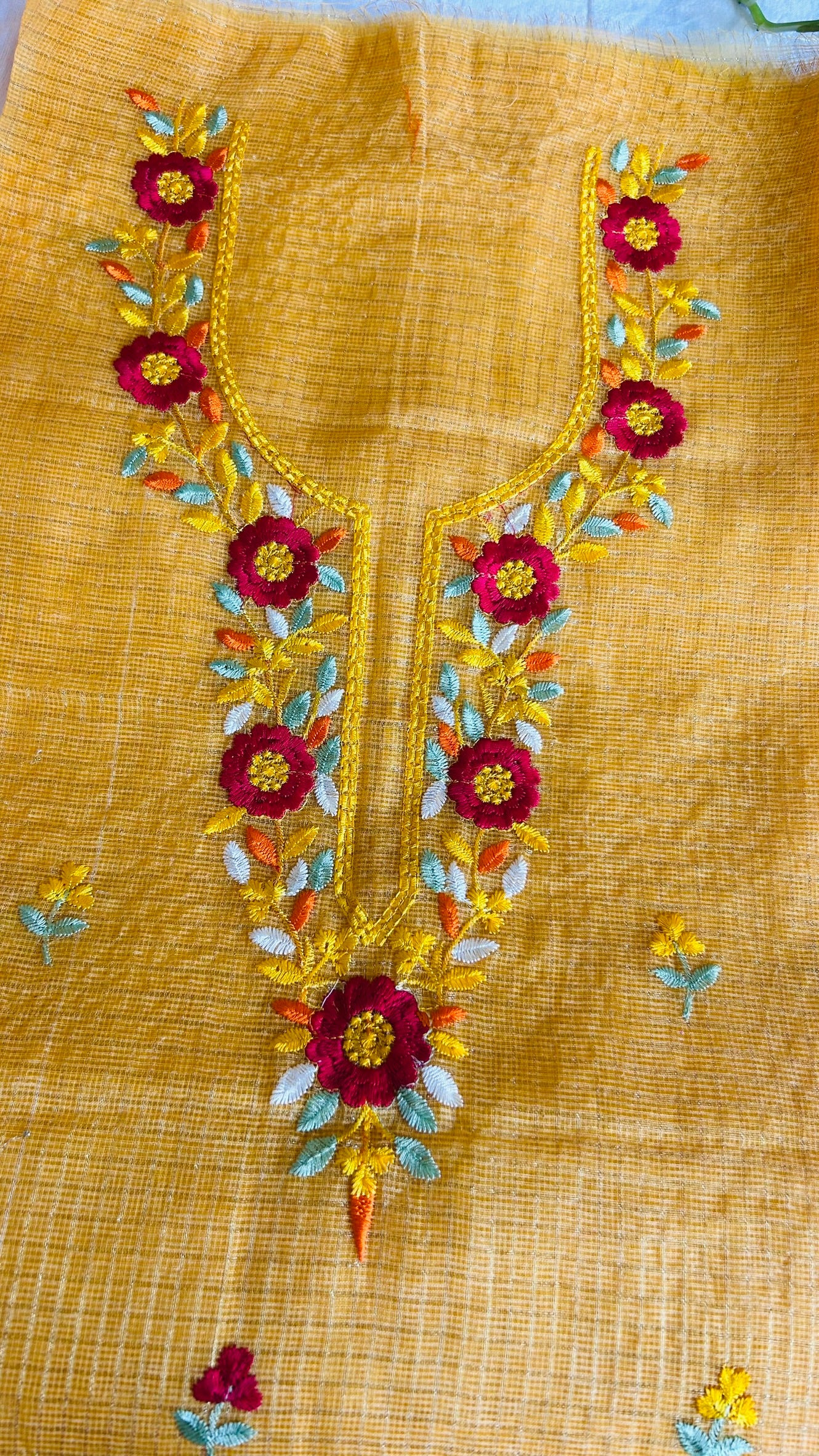 Kota Doria Embroidered Suit Set In yellow (unstitched)