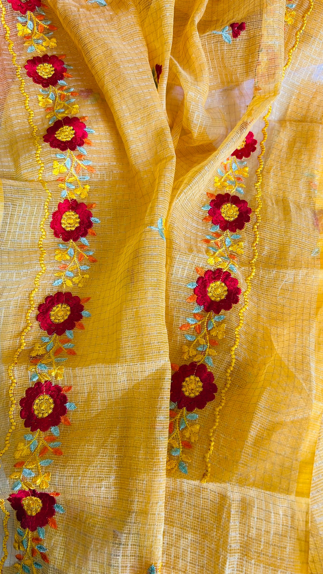 Kota Doria Embroidered Suit Set In yellow (unstitched)