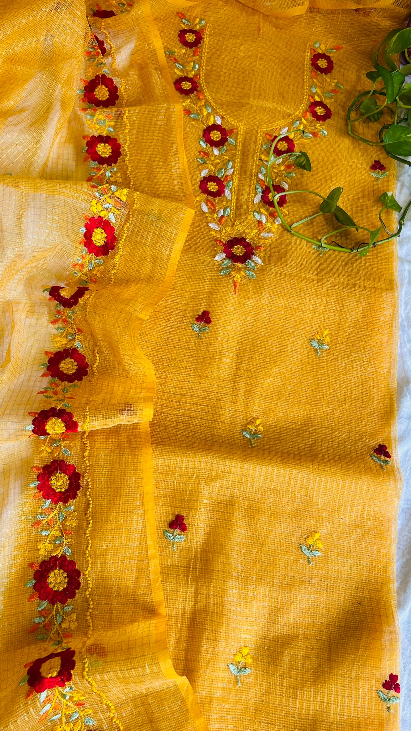 Kota Doria Embroidered Suit Set In yellow (unstitched)