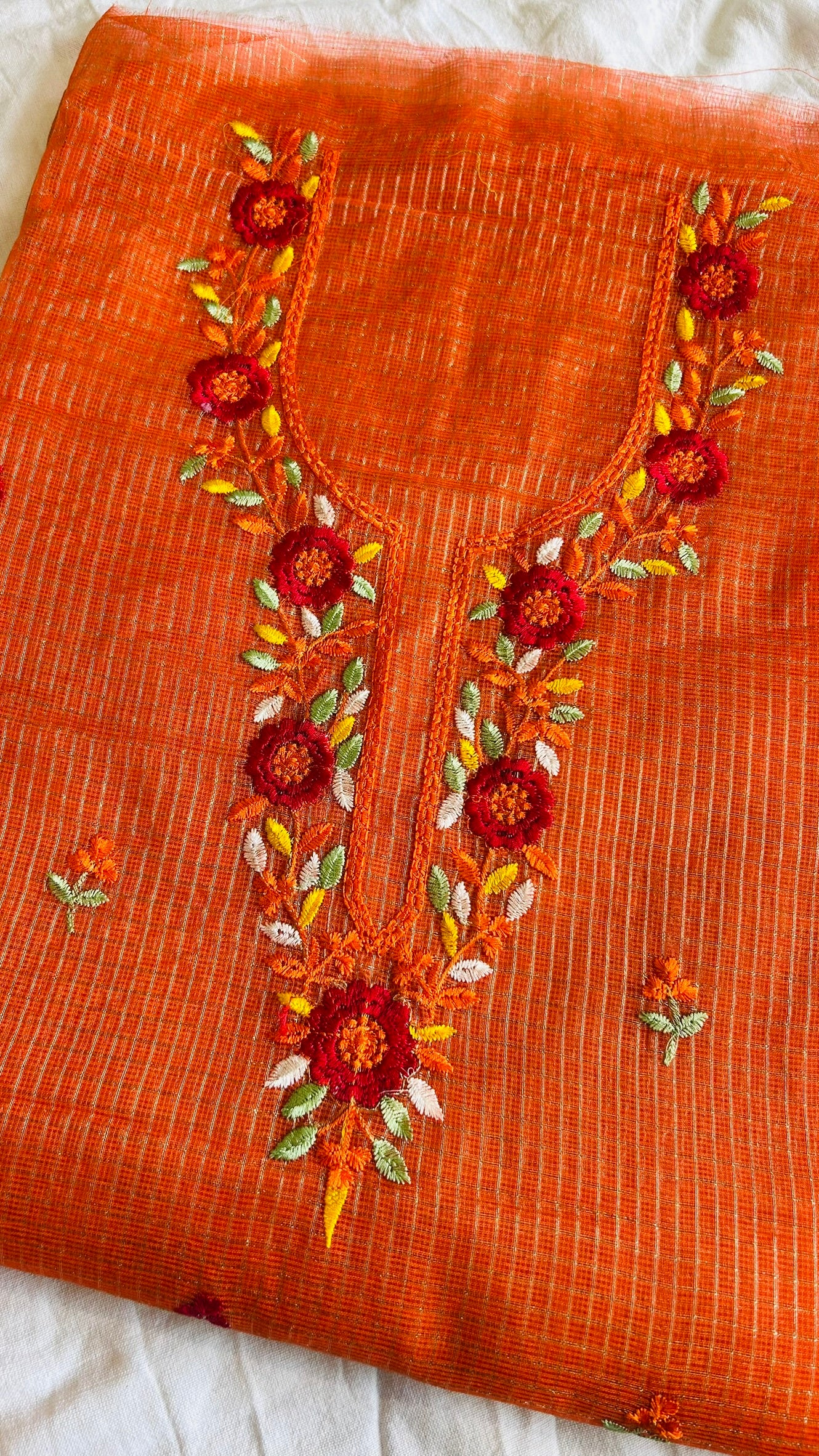 Kota Doria Embroidered Suit Set In Orange (unstitched)