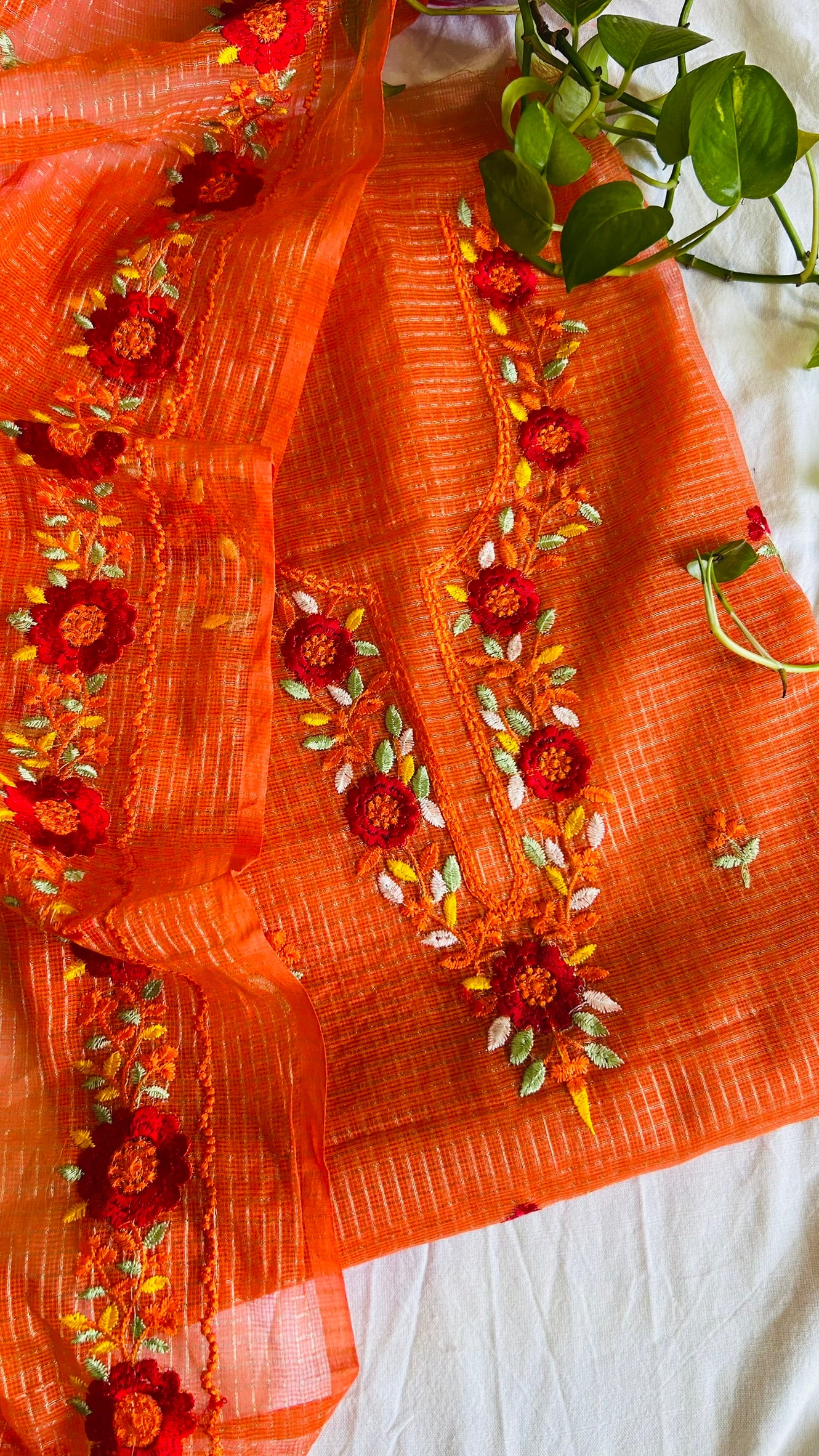 Kota Doria Embroidered Suit Set In Orange (unstitched)