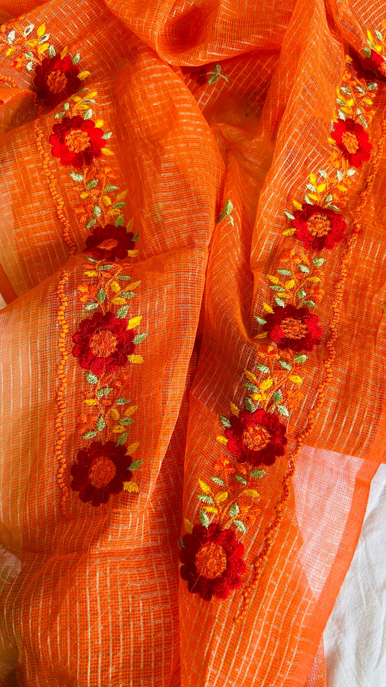Kota Doria Embroidered Suit Set In Orange (unstitched)