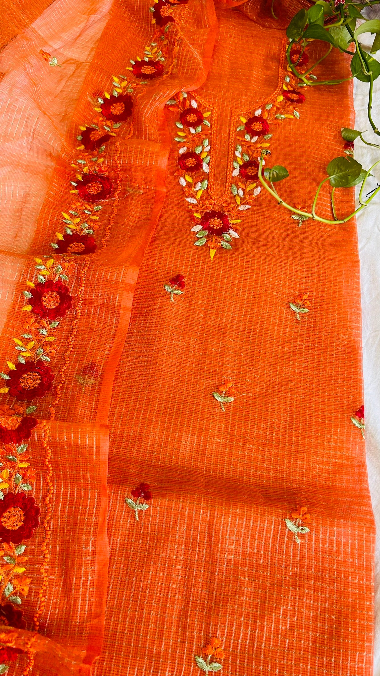 Kota Doria Embroidered Suit Set In Orange (unstitched)