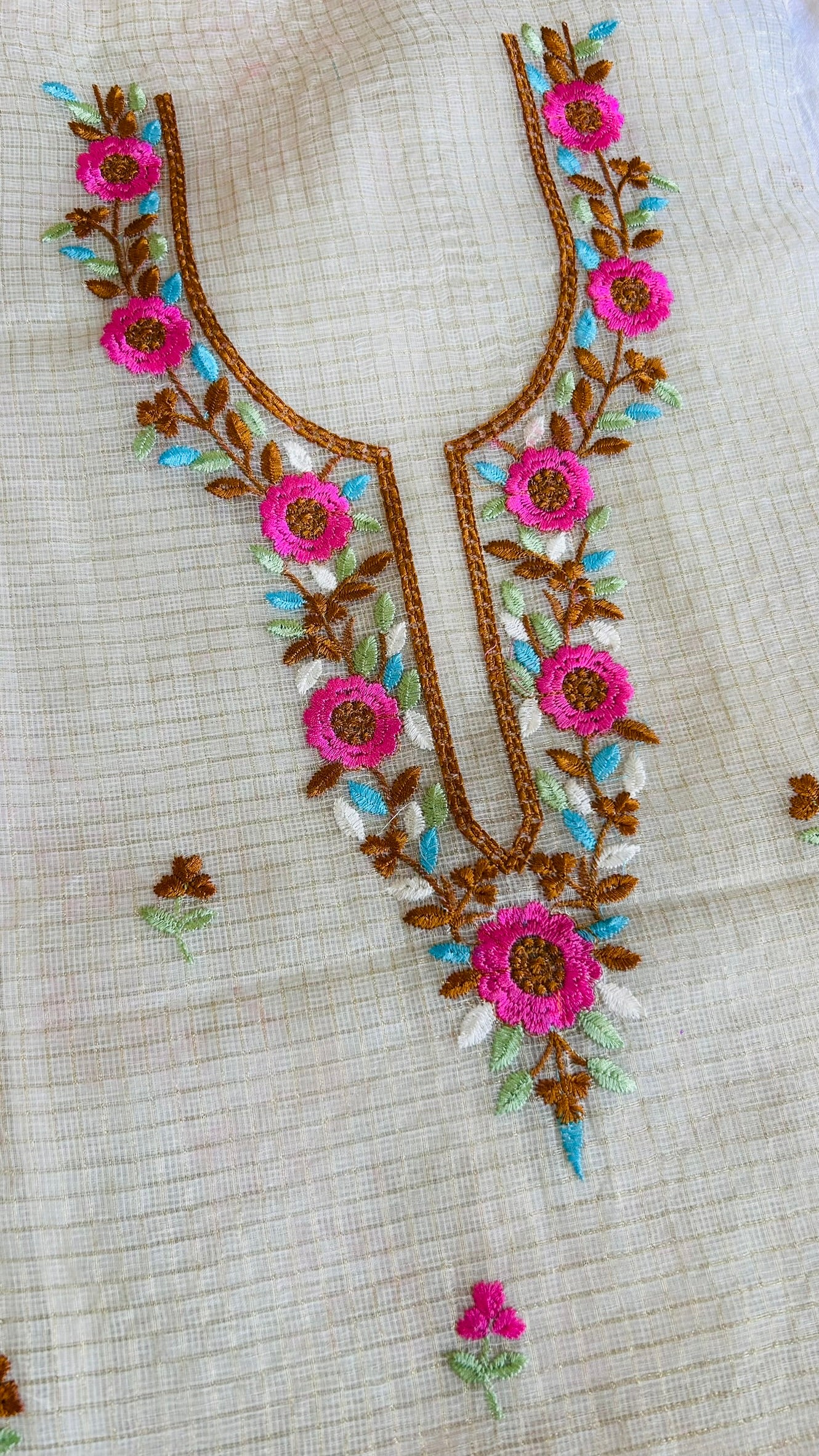 Kota Doria Embroidered Suit Set In Off White (unstitched)
