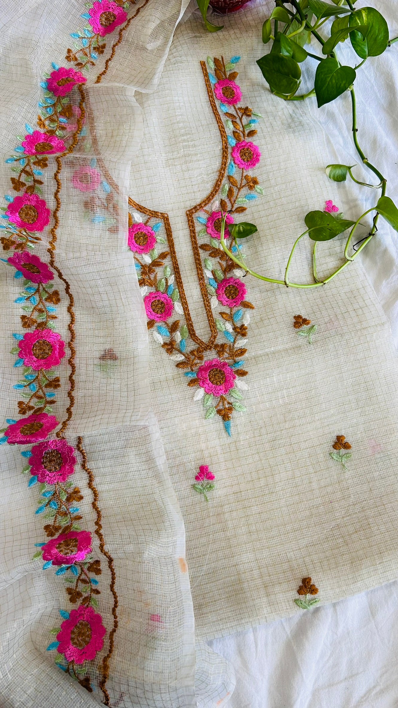 Kota Doria Embroidered Suit Set In Off White (unstitched)