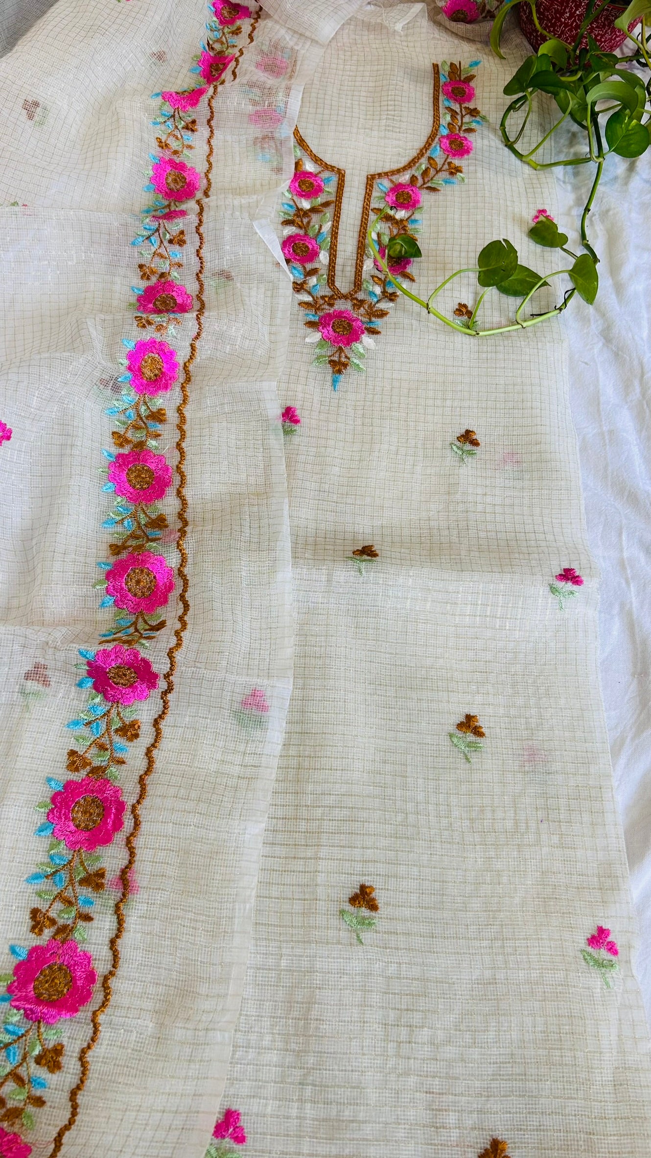 Kota Doria Embroidered Suit Set In Off White (unstitched)