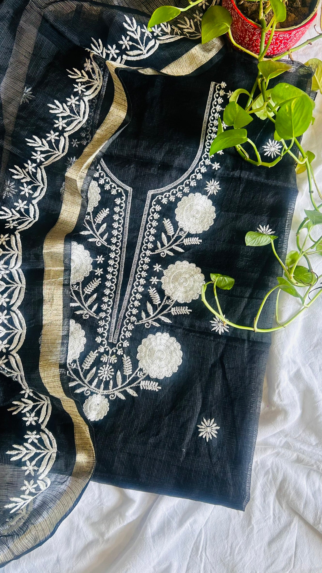 Kota Doria Embroidered Suit Set In Black (unstitched)