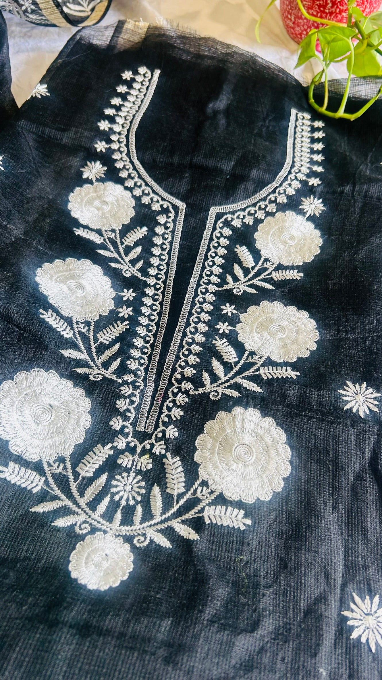 Kota Doria Embroidered Suit Set In Black (unstitched)