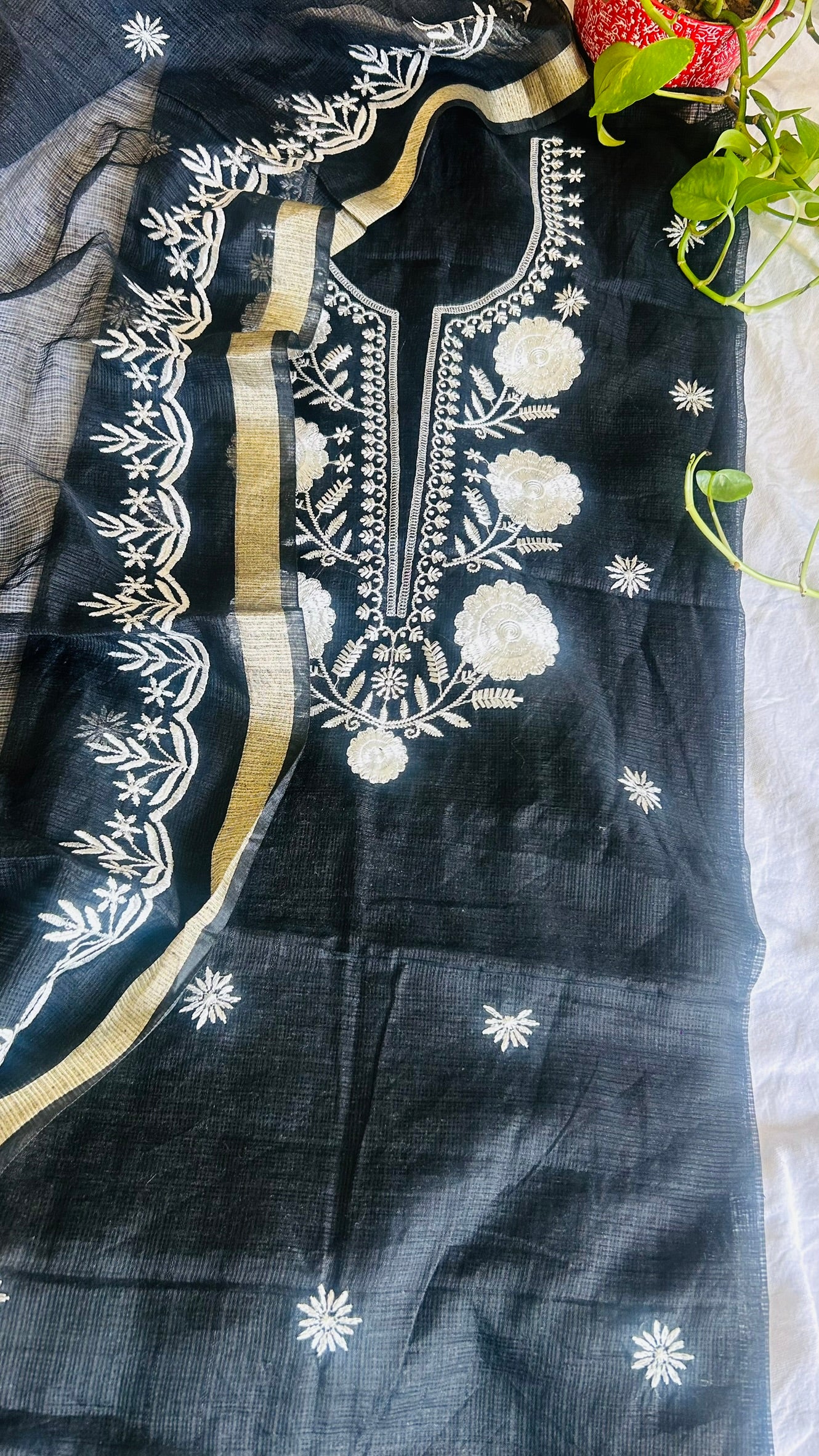 Kota Doria Embroidered Suit Set In Black (unstitched)