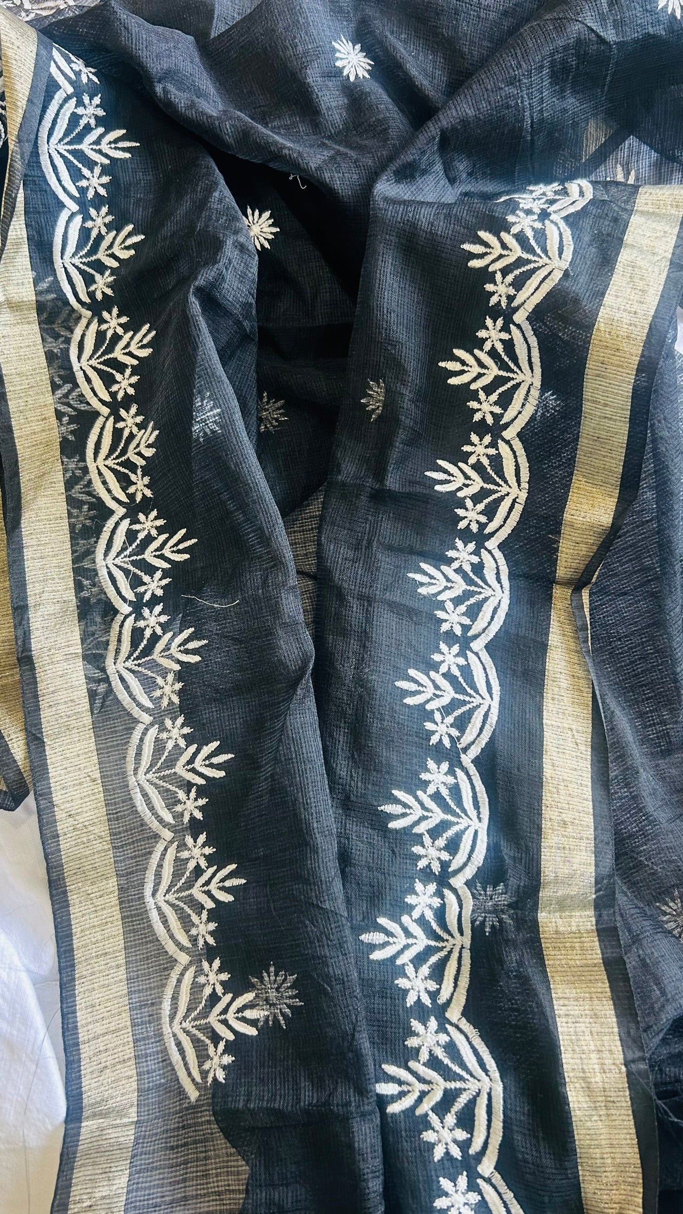 Kota Doria Embroidered Suit Set In Black (unstitched)