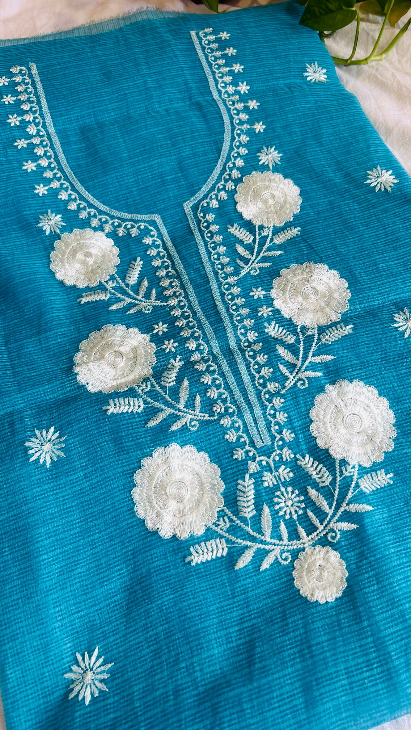 Kota Doria Embroidered Suit Set In Blue (unstitched)