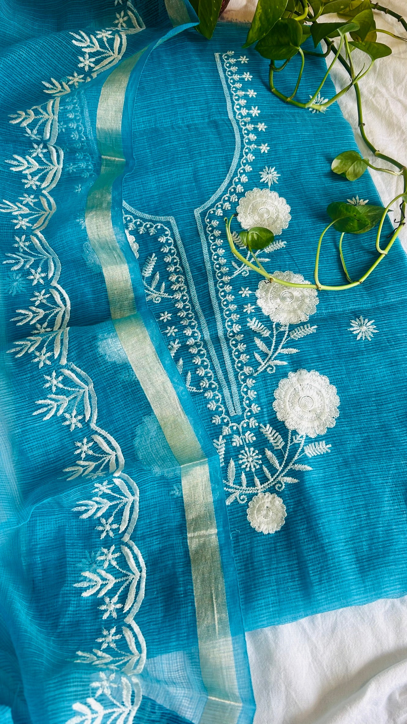 Kota Doria Embroidered Suit Set In Blue (unstitched)