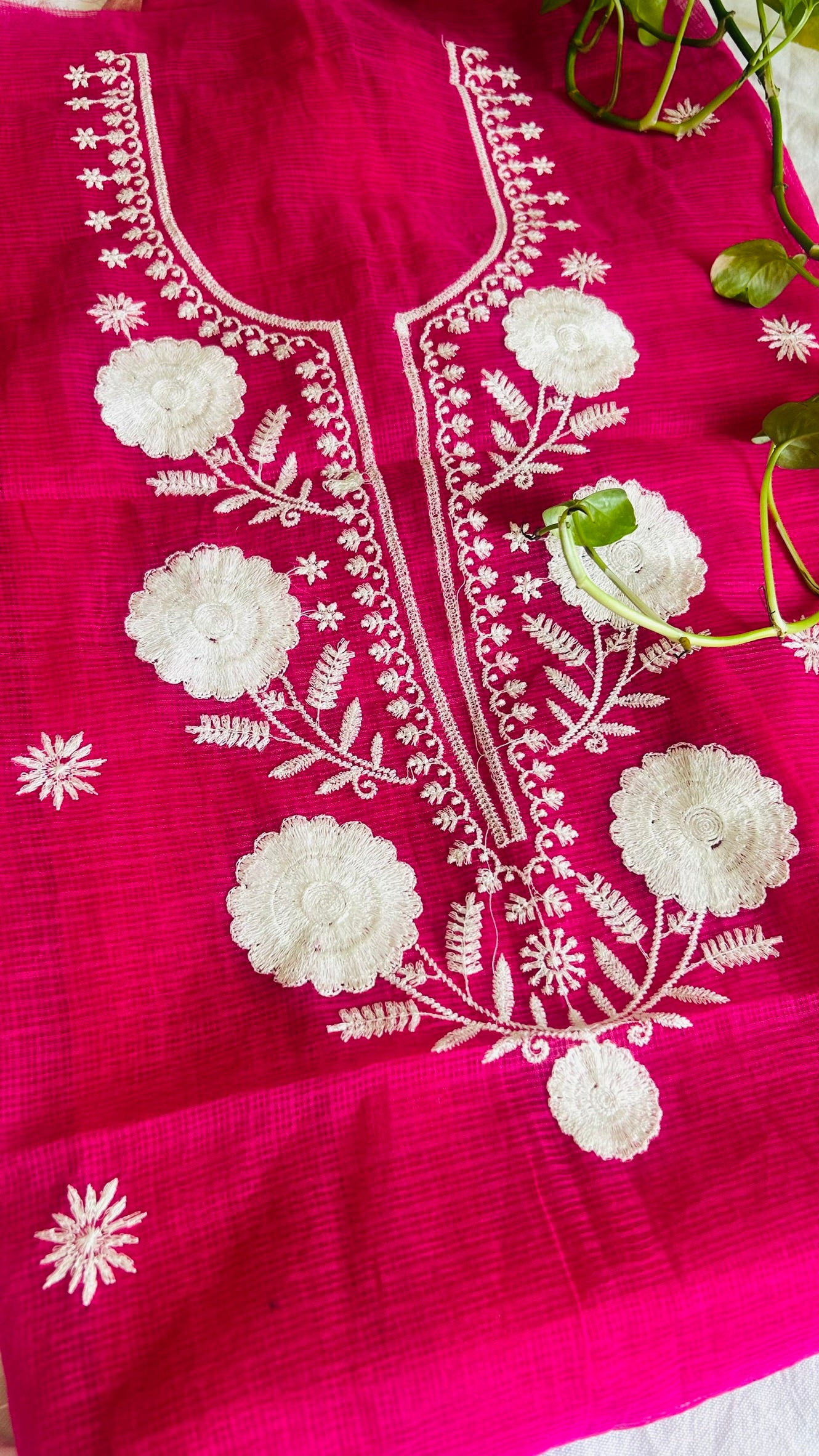 Kota Doria Embroidered Suit Set In Pink (unstitched)