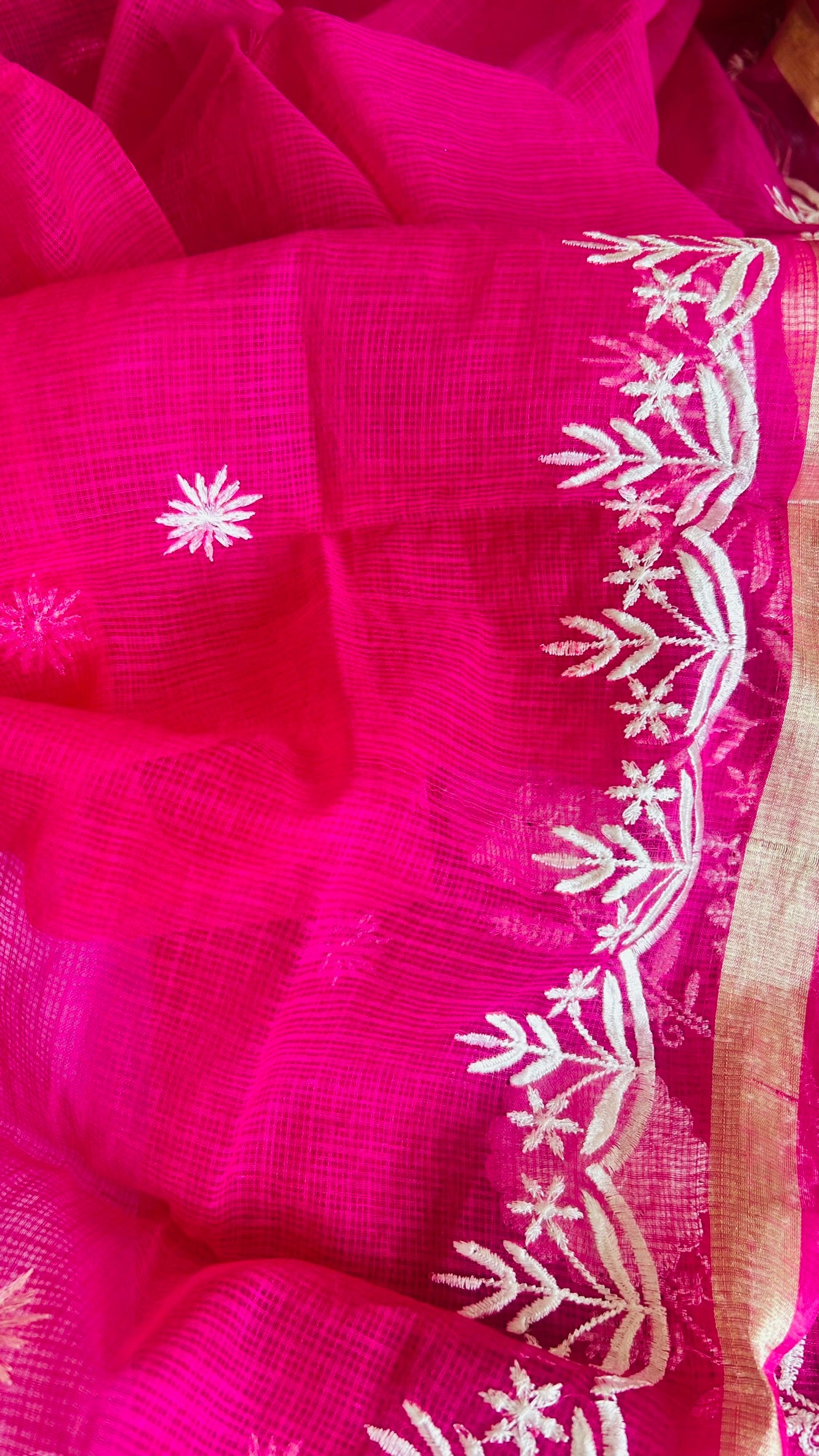 Kota Doria Embroidered Suit Set In Pink (unstitched)