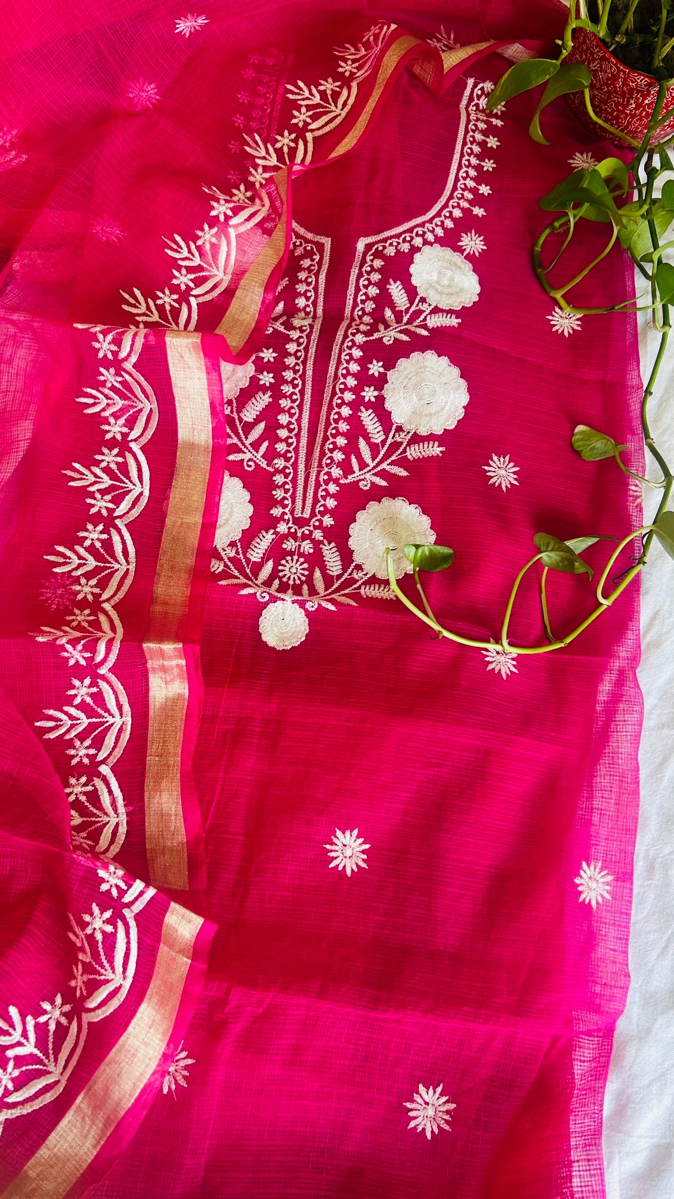 Kota Doria Embroidered Suit Set In Pink (unstitched)