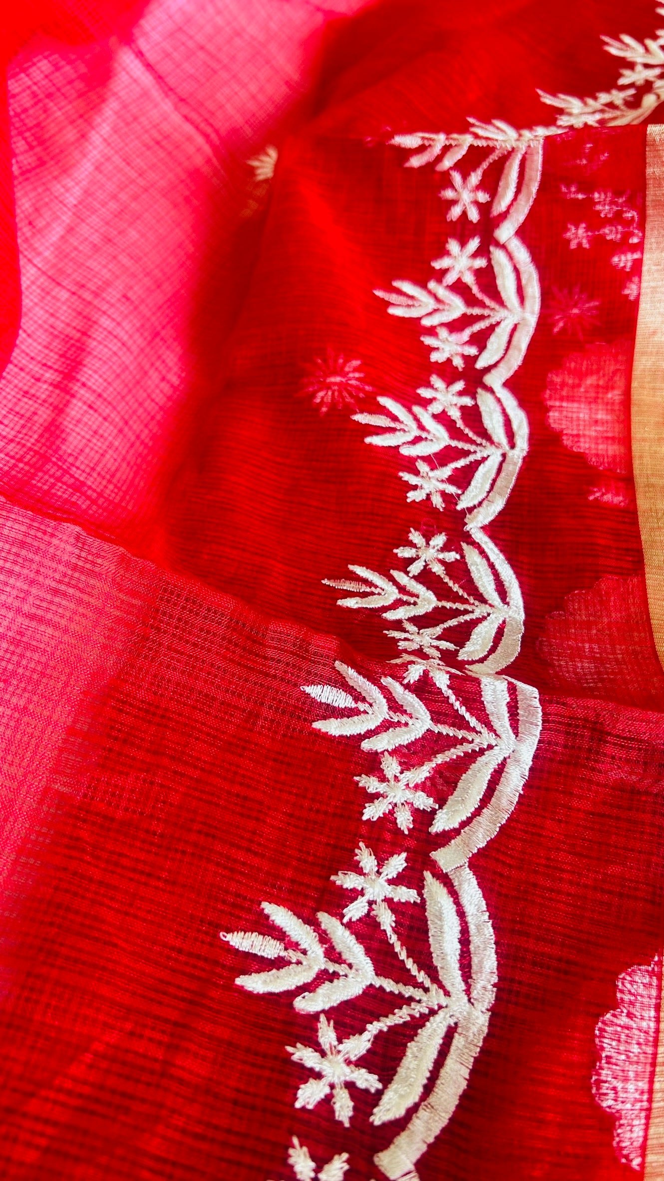 Kota Doria Embroidered Suit Set In Red (unstitched)