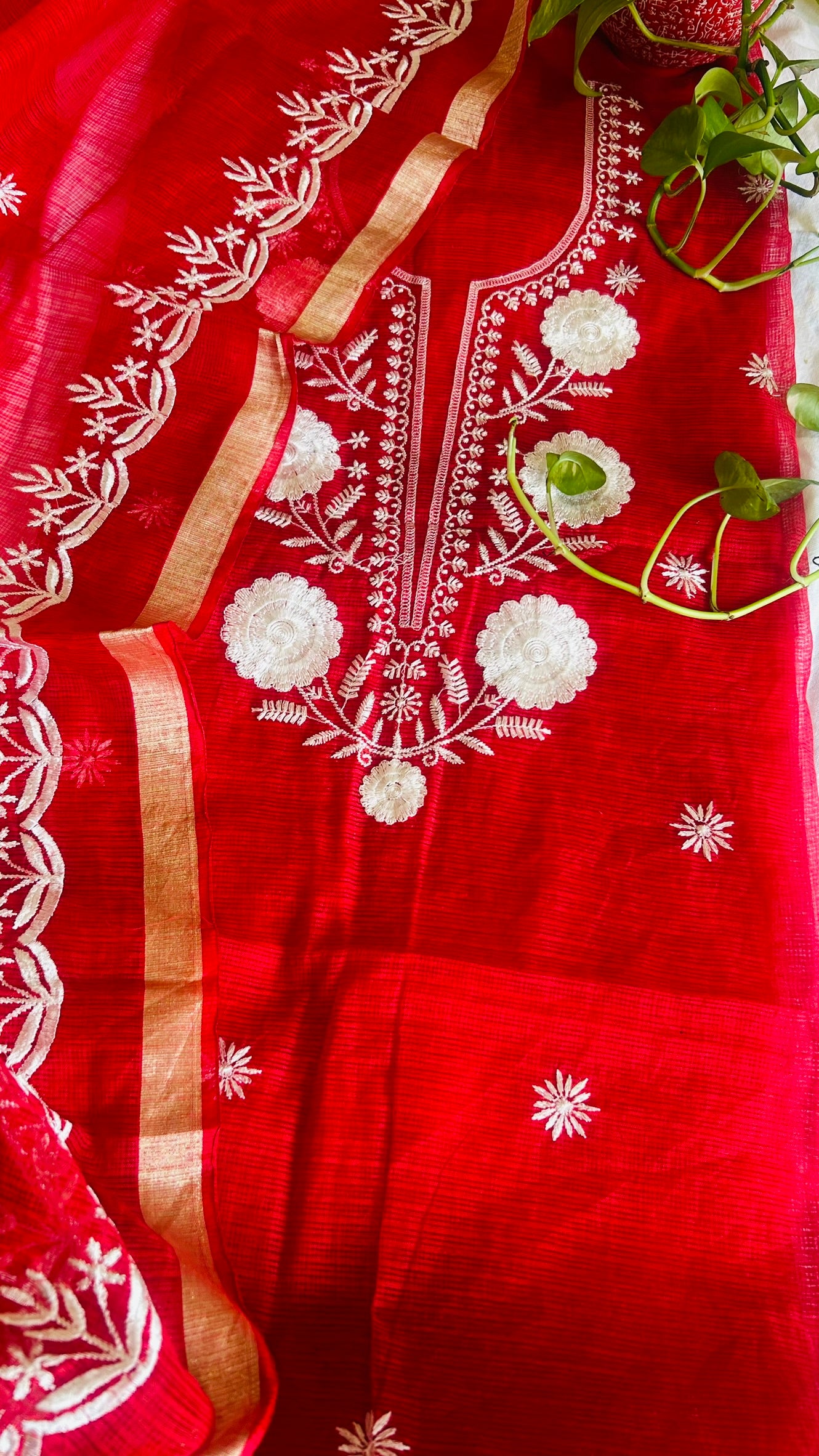 Kota Doria Embroidered Suit Set In Red (unstitched)