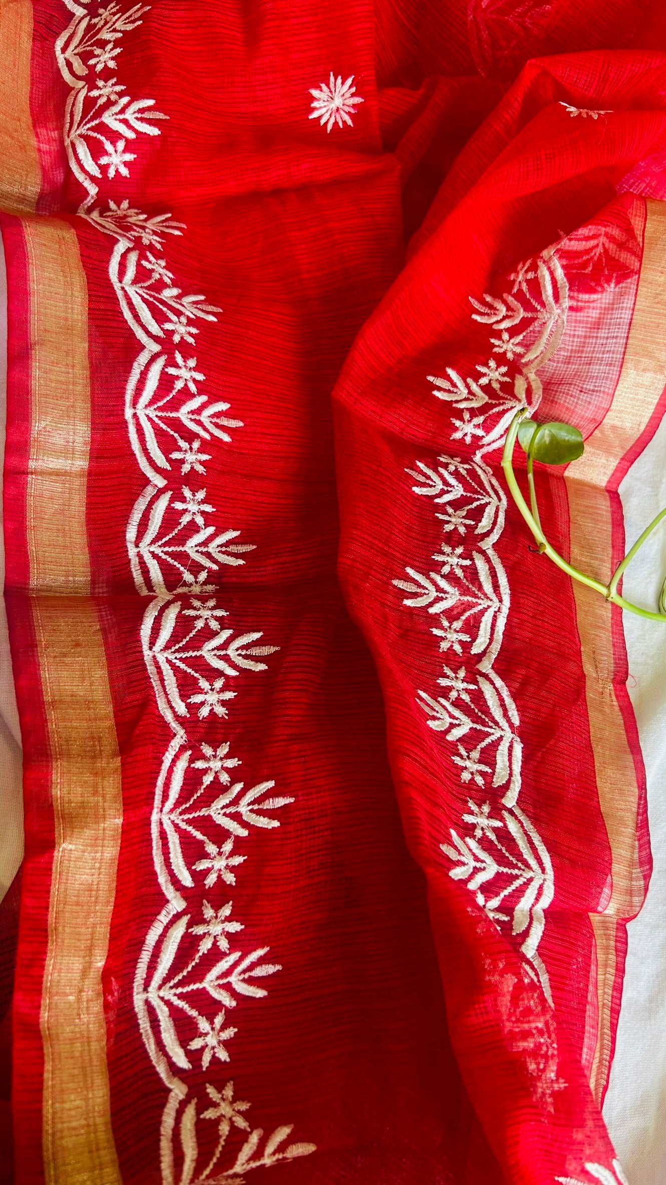 Kota Doria Embroidered Suit Set In Red (unstitched)