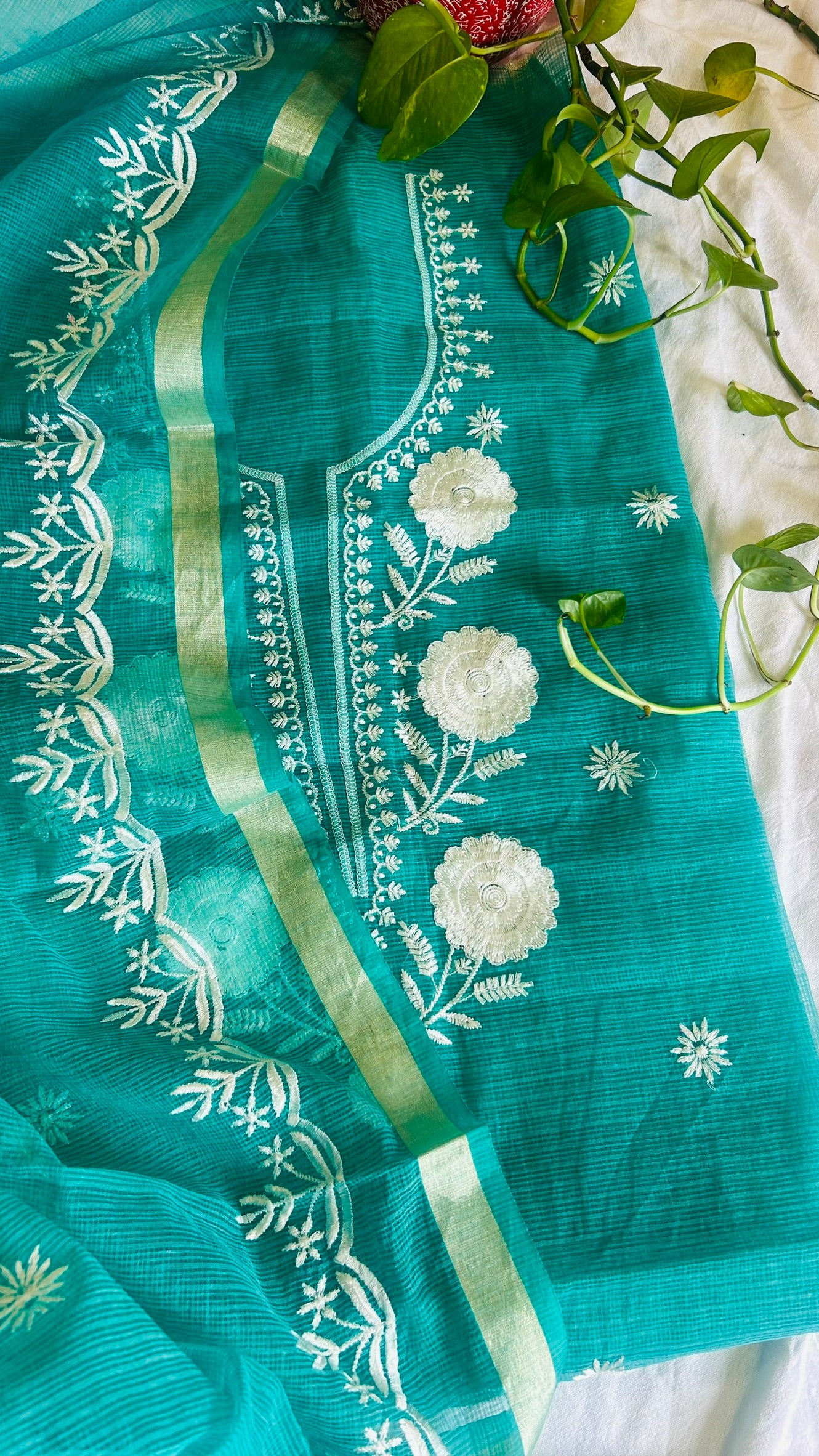 Kota Doria Embroidered Suit Set In Rama Green (unstitched)