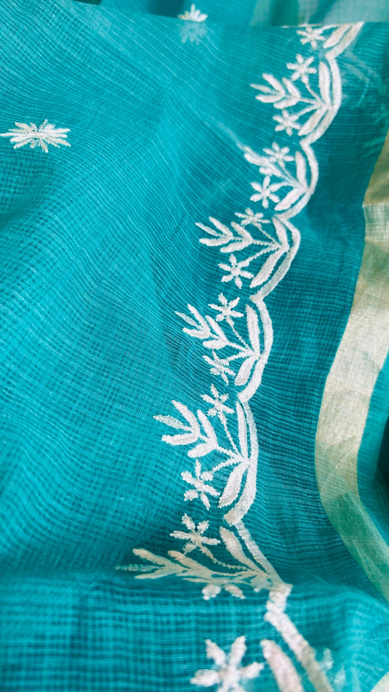 Kota Doria Embroidered Suit Set In Rama Green (unstitched)
