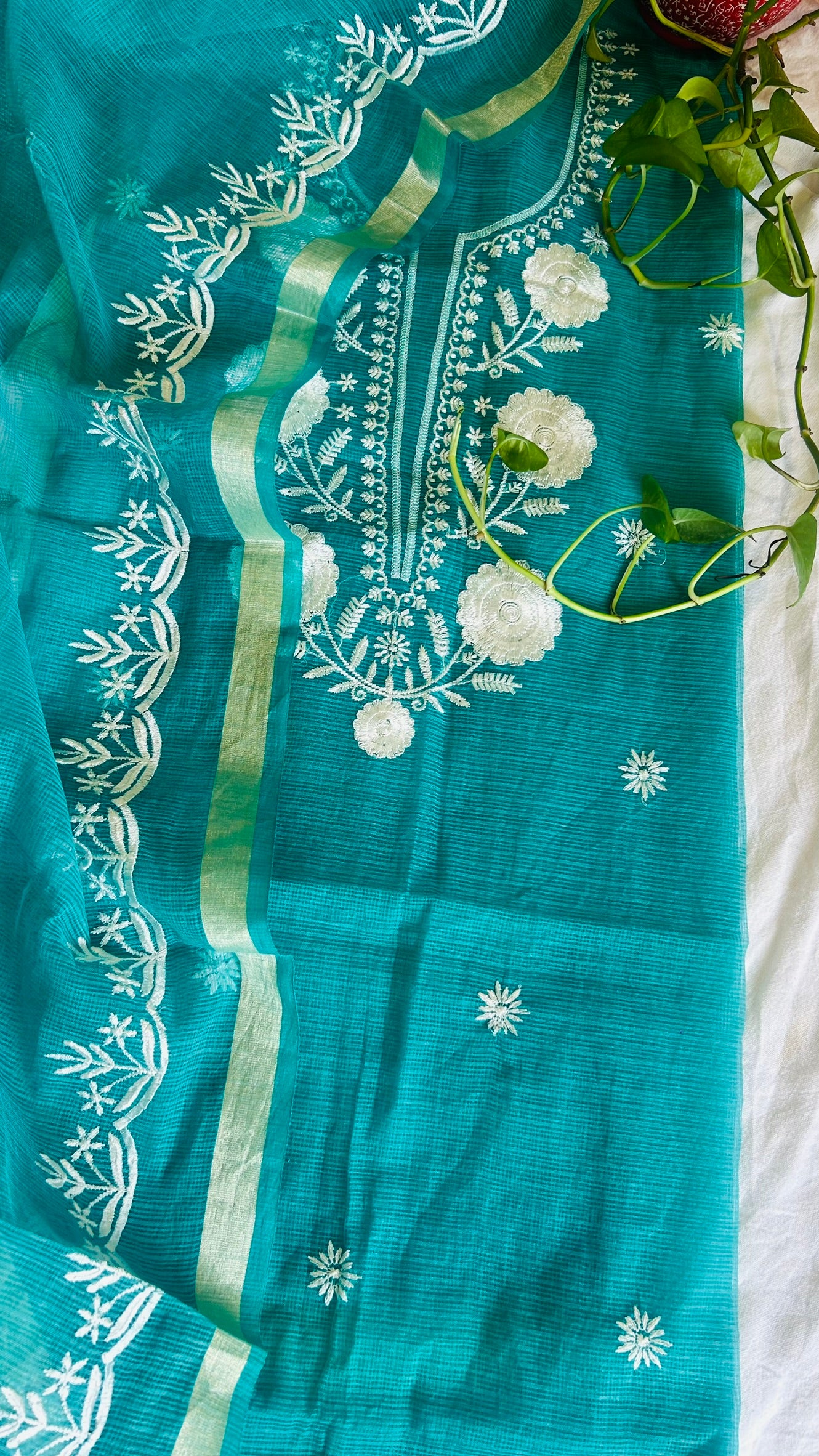 Kota Doria Embroidered Suit Set In Rama Green (unstitched)