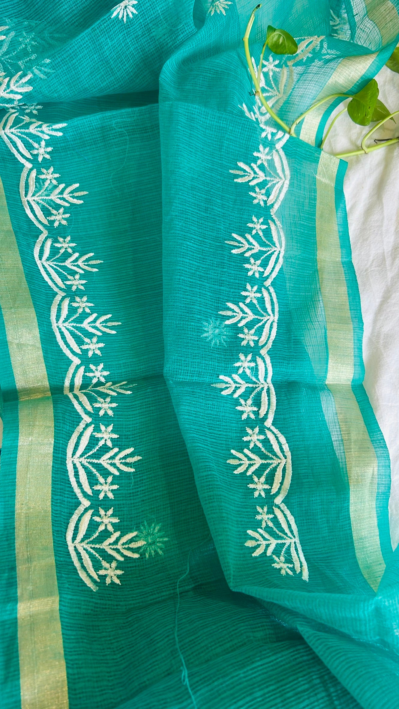 Kota Doria Embroidered Suit Set In Rama Green (unstitched)