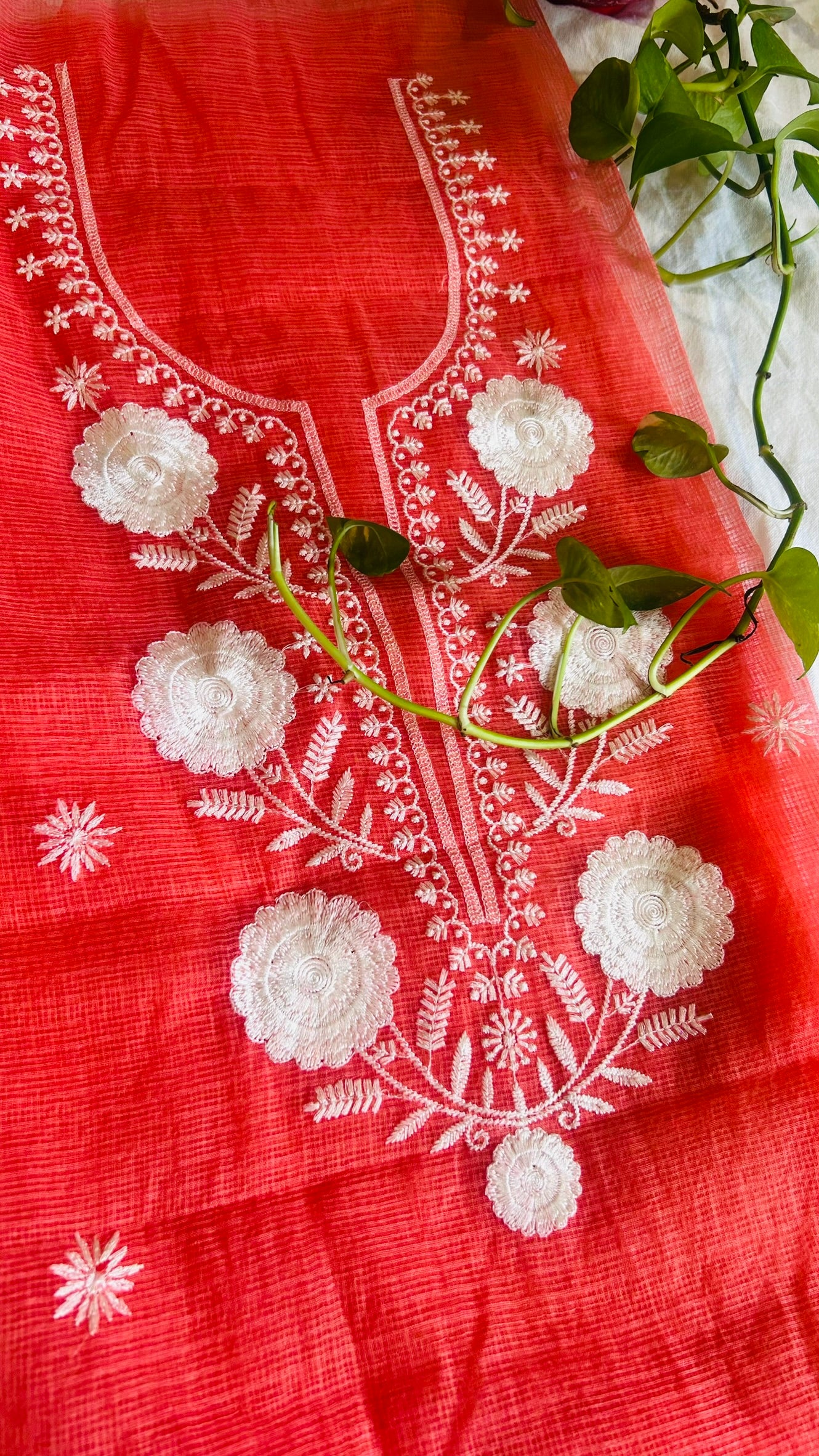Kota Doria Embroidered Suit Set In Peachish (unstitched)
