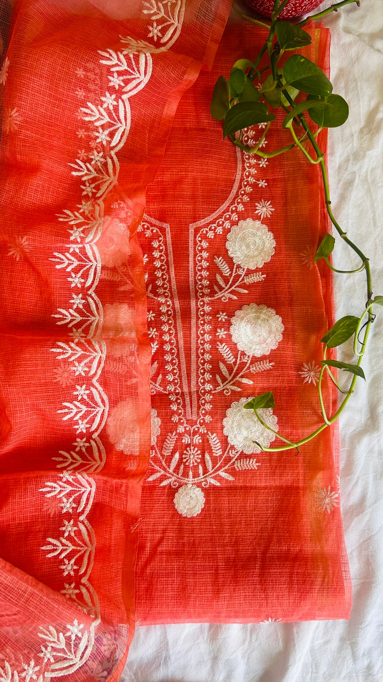 Kota Doria Embroidered Suit Set In Peachish (unstitched)