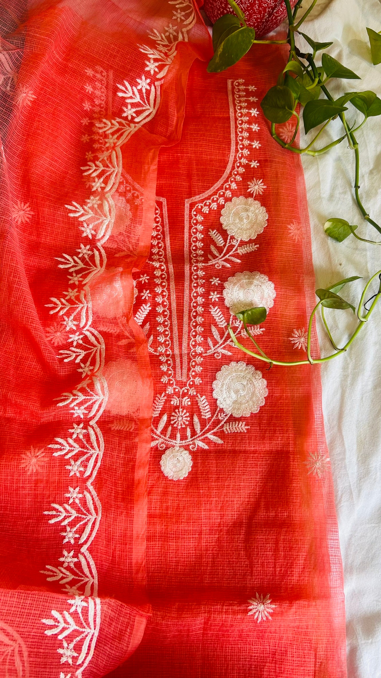 Kota Doria Embroidered Suit Set In Peachish (unstitched)