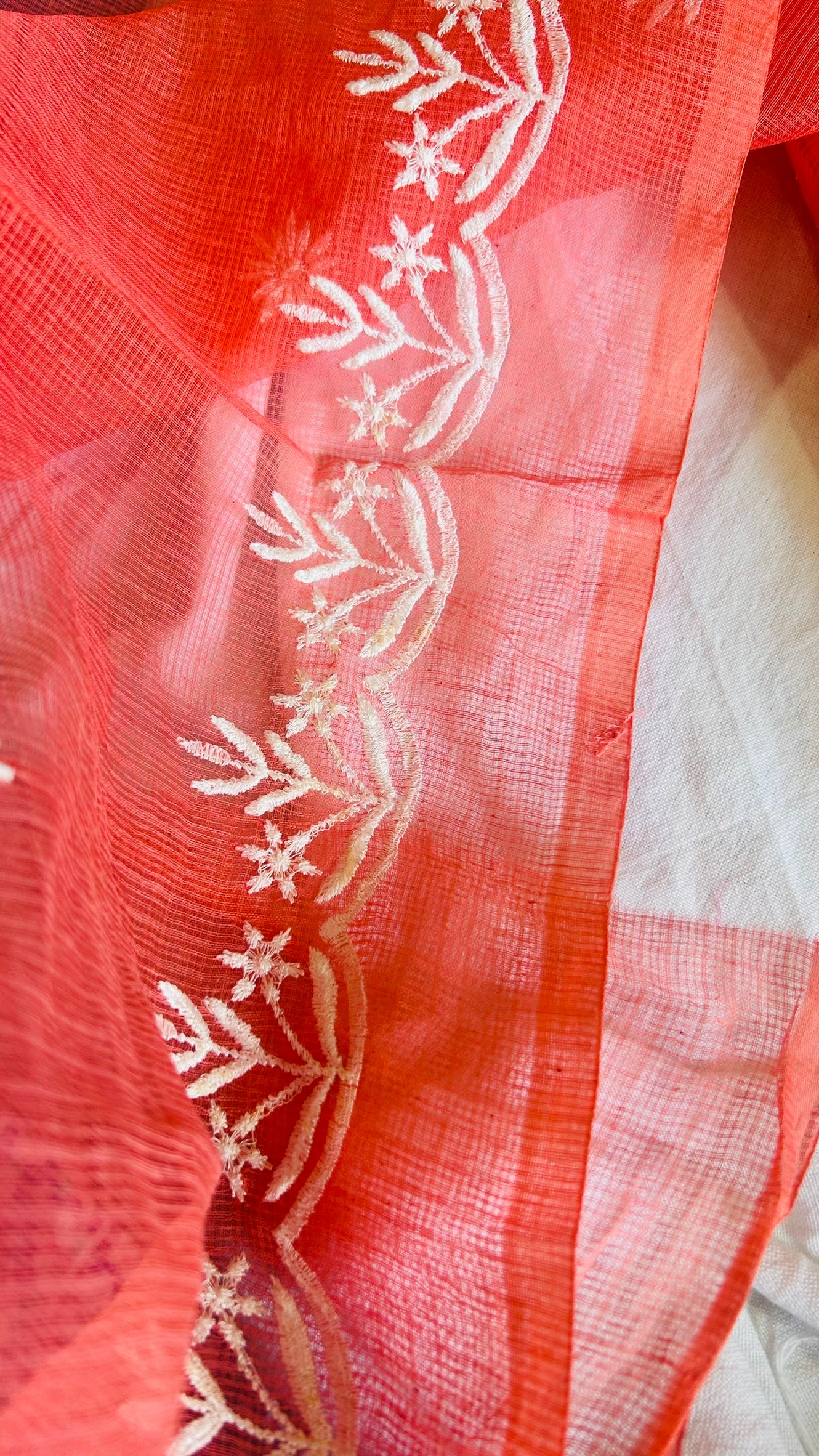 Kota Doria Embroidered Suit Set In Peachish (unstitched)