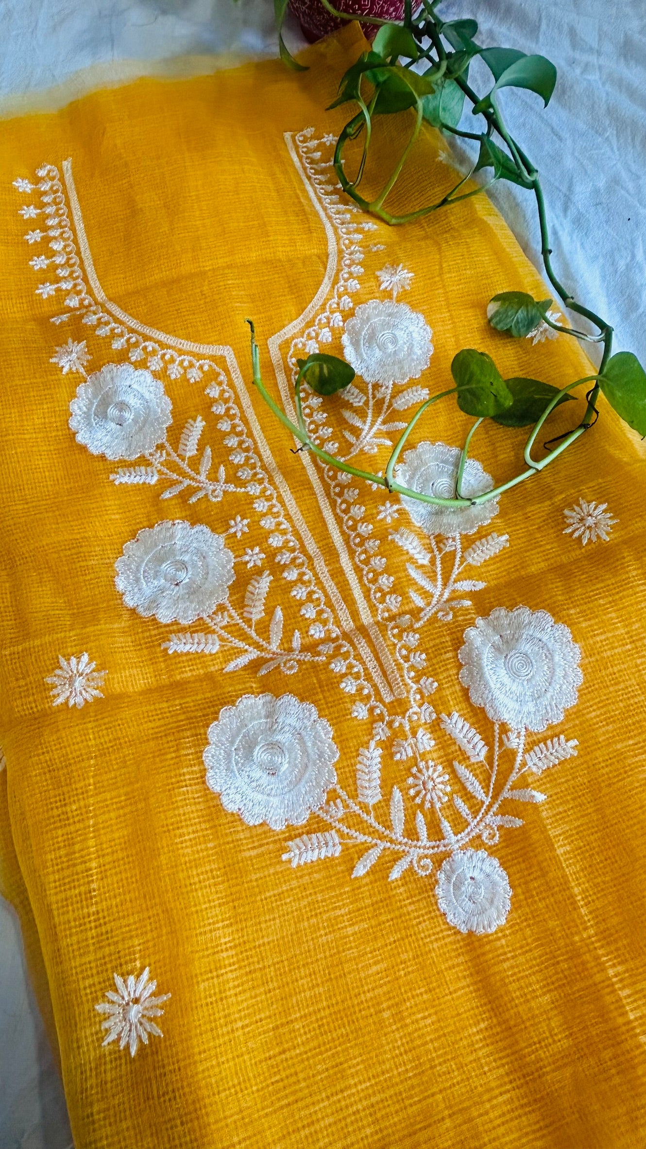 Kota Doria Embroidered Suit Set In Yellow (unstitched)